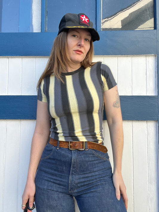 1950s/1960s Grey and Pale Yellow Striped Tee XS