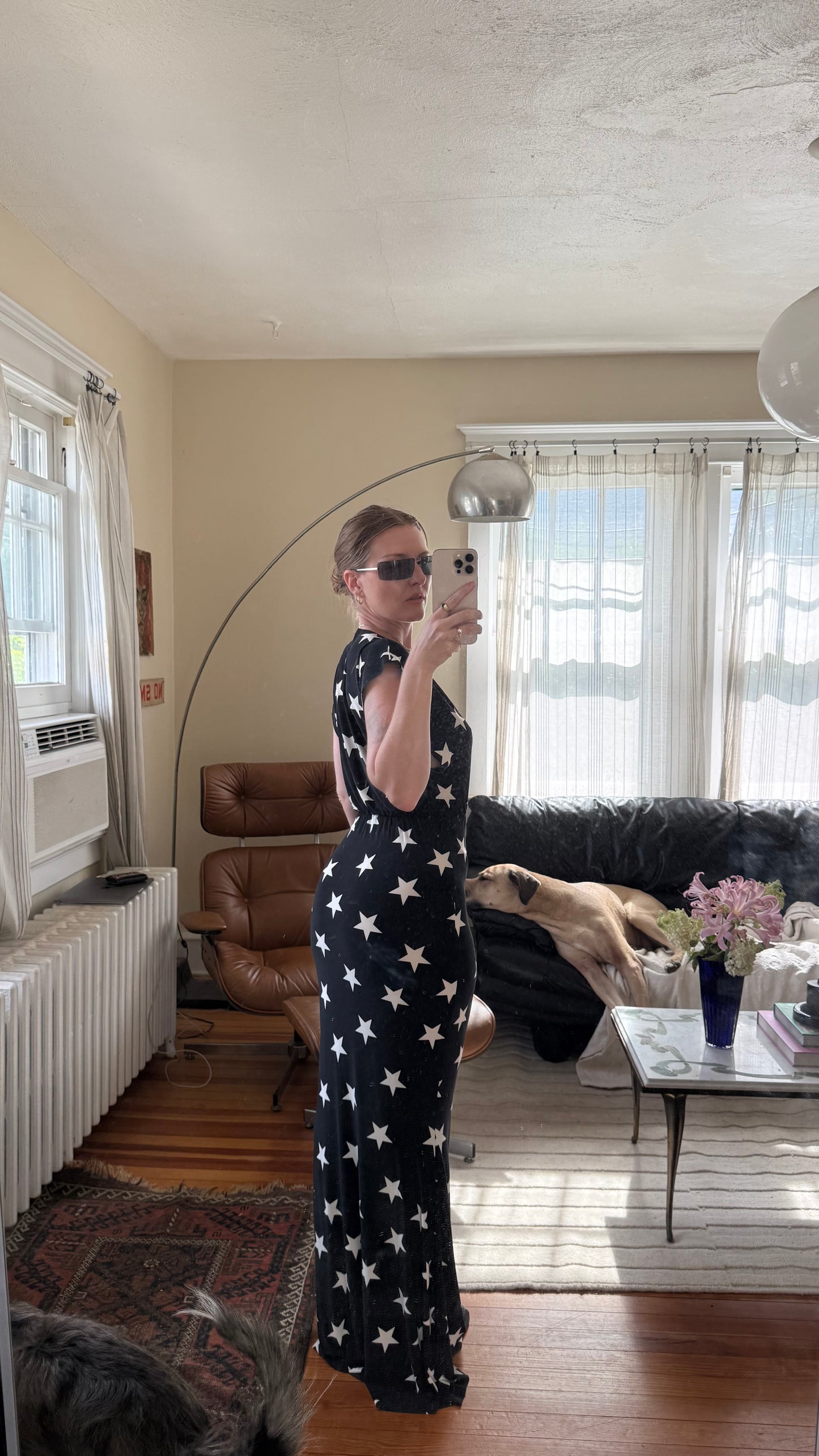 Norma Kamali V Neck All Over Star Print Gown M