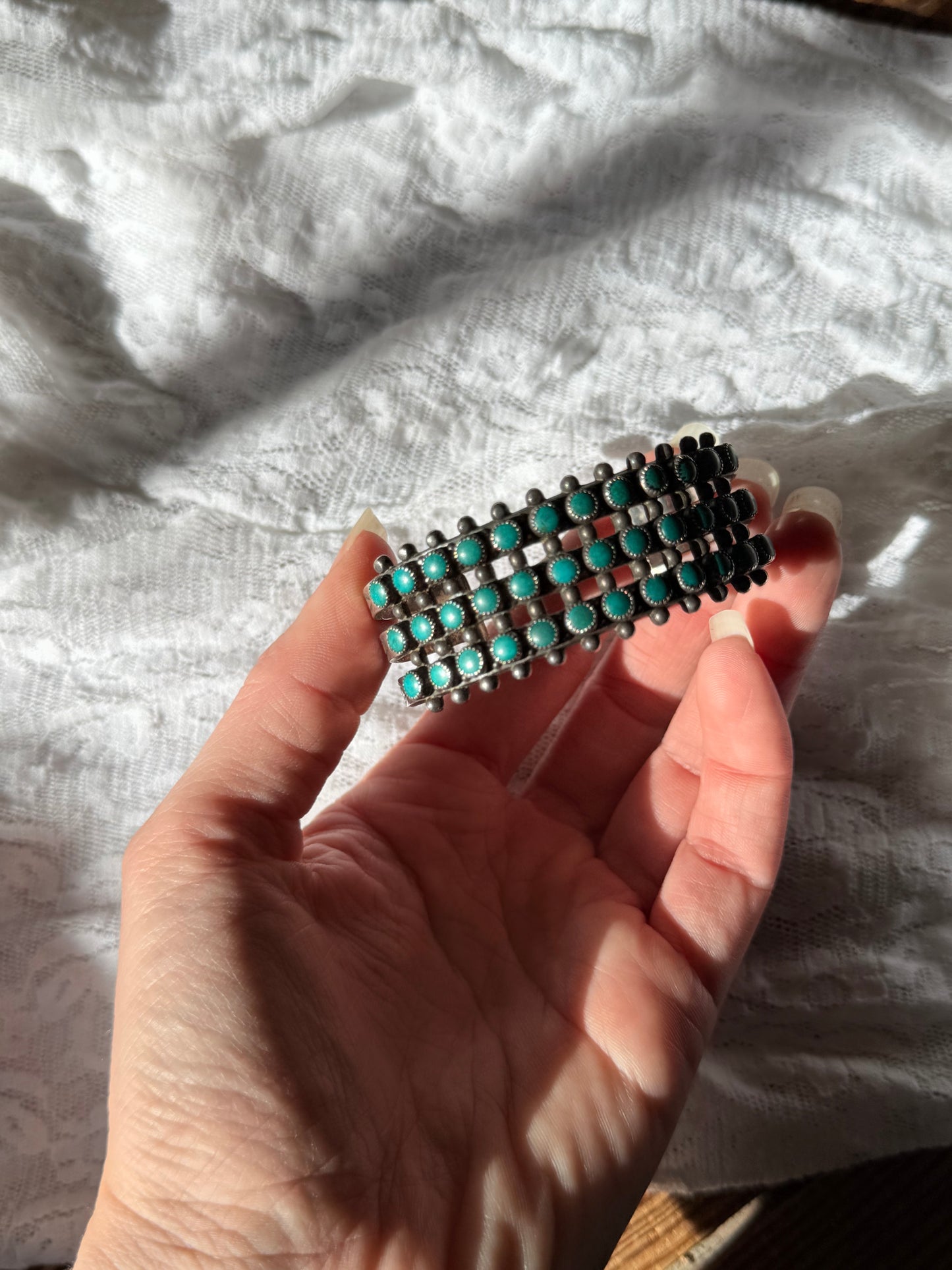 Antique Zuni 3 Row Snake Eye Turquoise 925 Silver Cuff