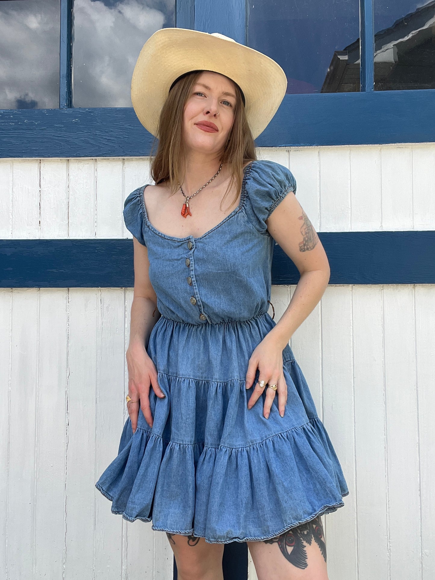 1980s Denim Off The Shoulder Ruffle Dress