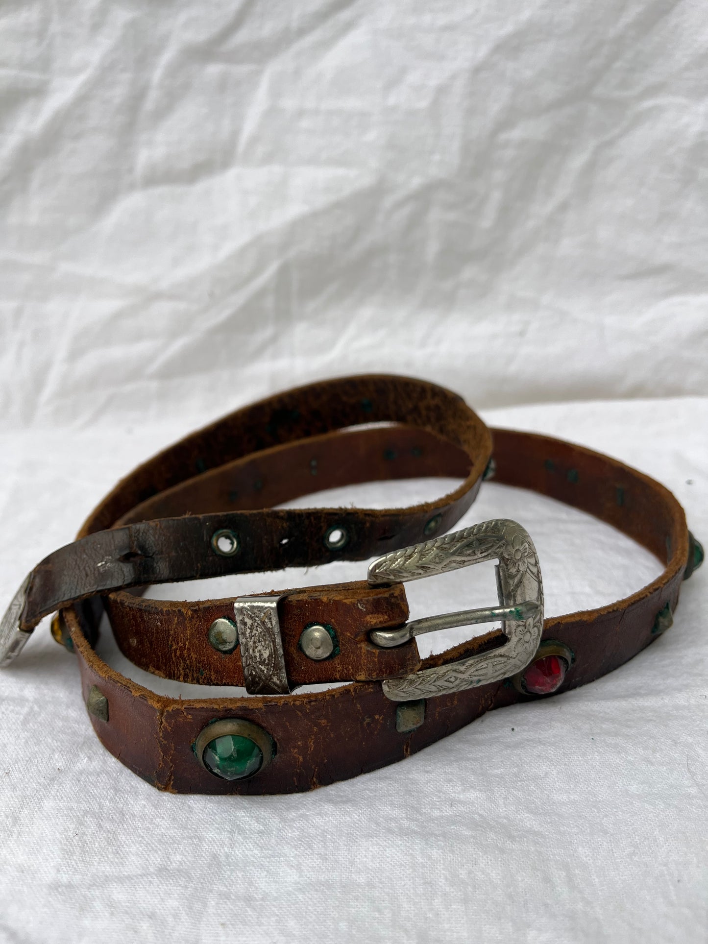 1950s Studded and Jeweled Thin Brown Leather Belt 37”-41” Plus Additional Belt