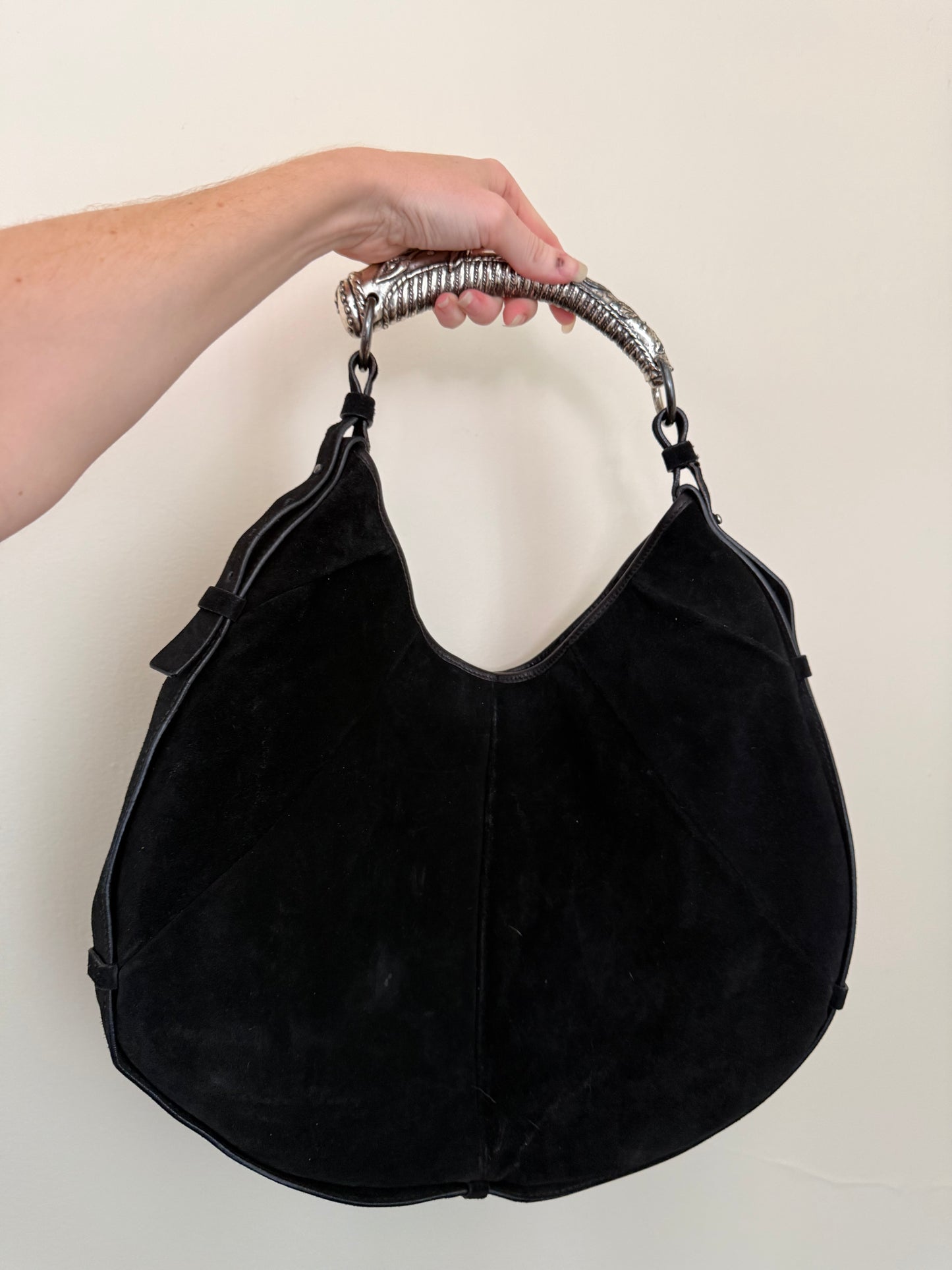 Vintage YSL Mombasa Black Suede Purse with Metal Horn