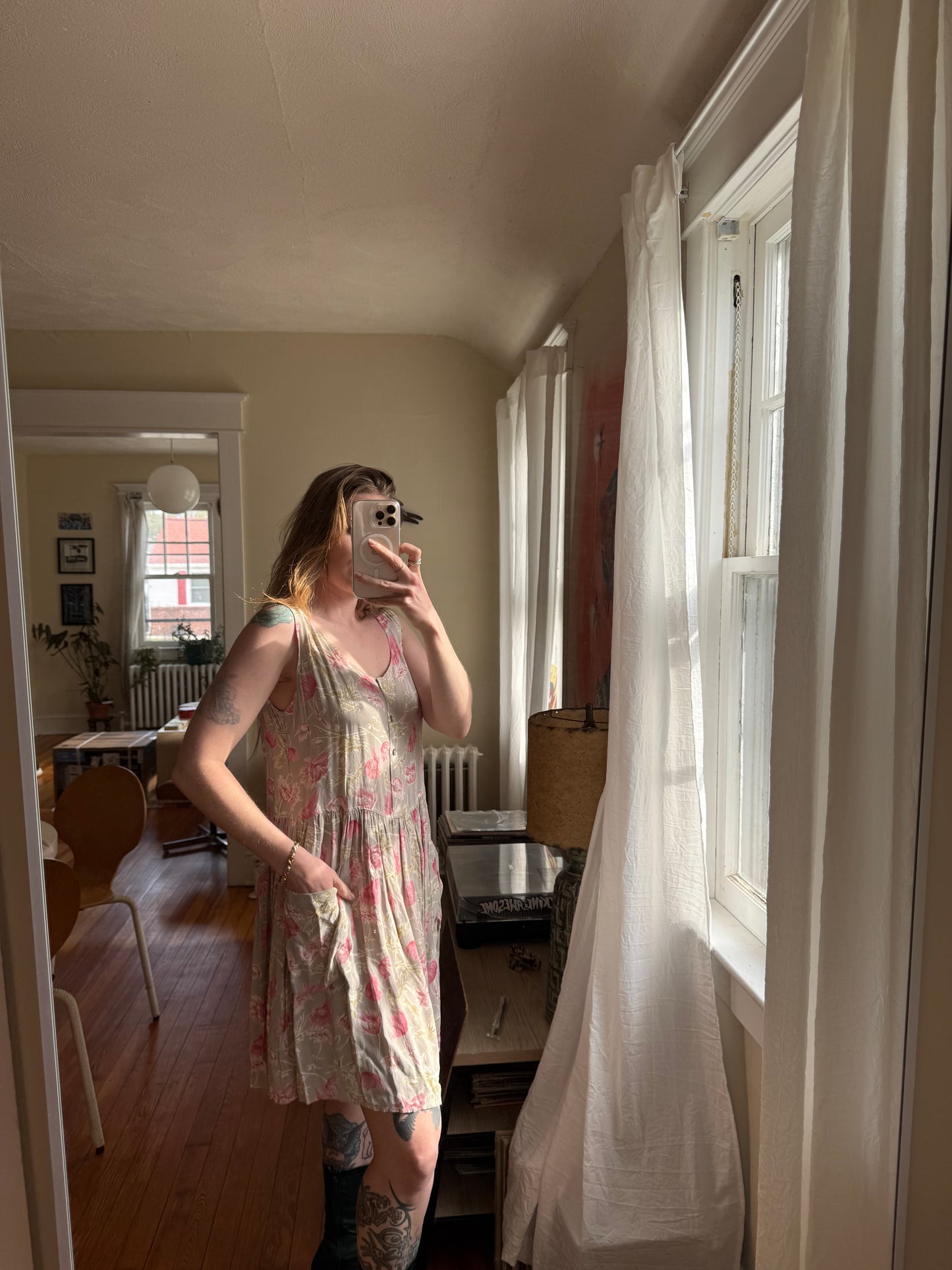 1990s Betsey Johnson Sheer Floral Dress & 1990s Floral Tank Dress