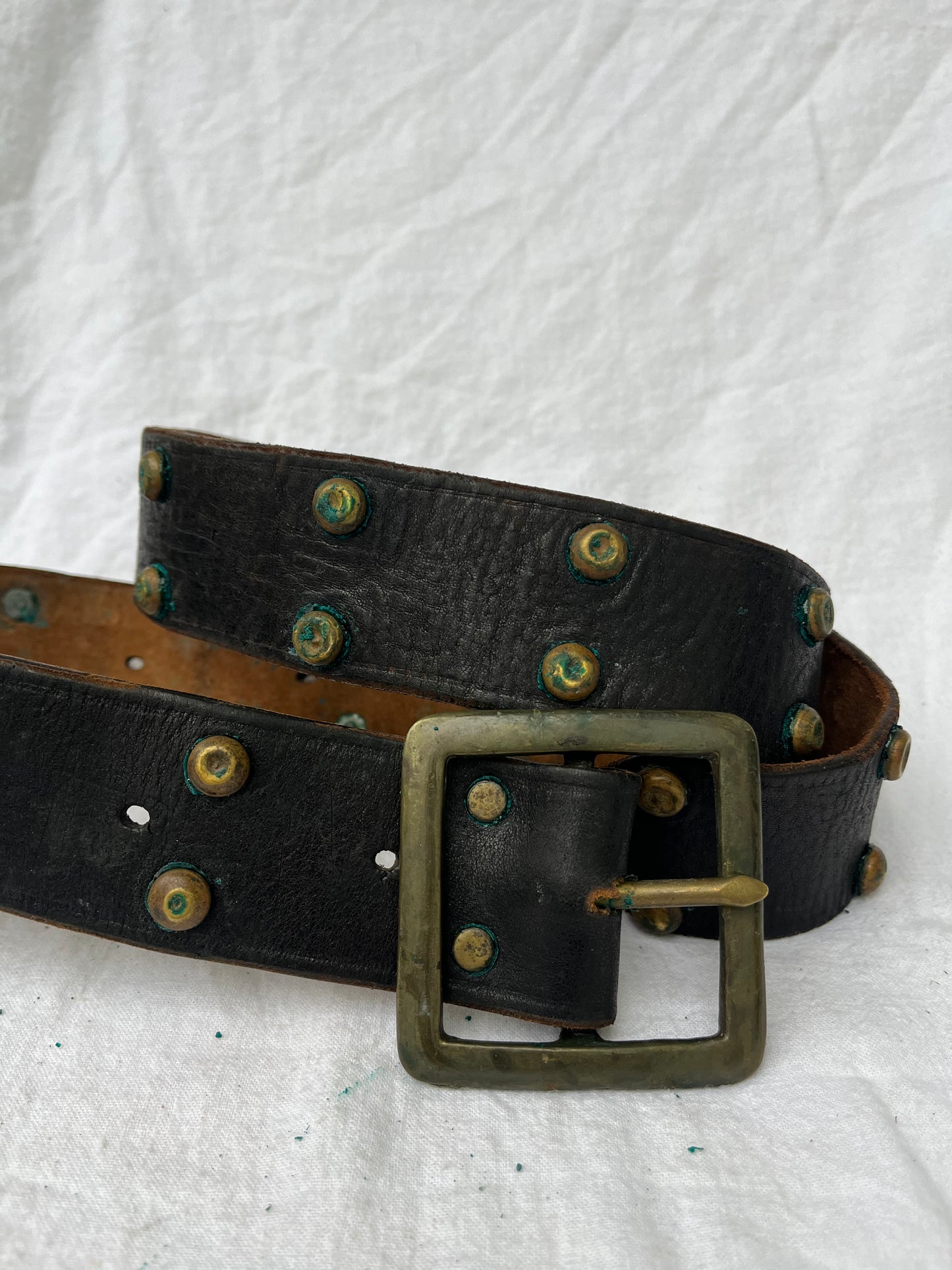 Black Leather Brass Studded Belt 32”-36”