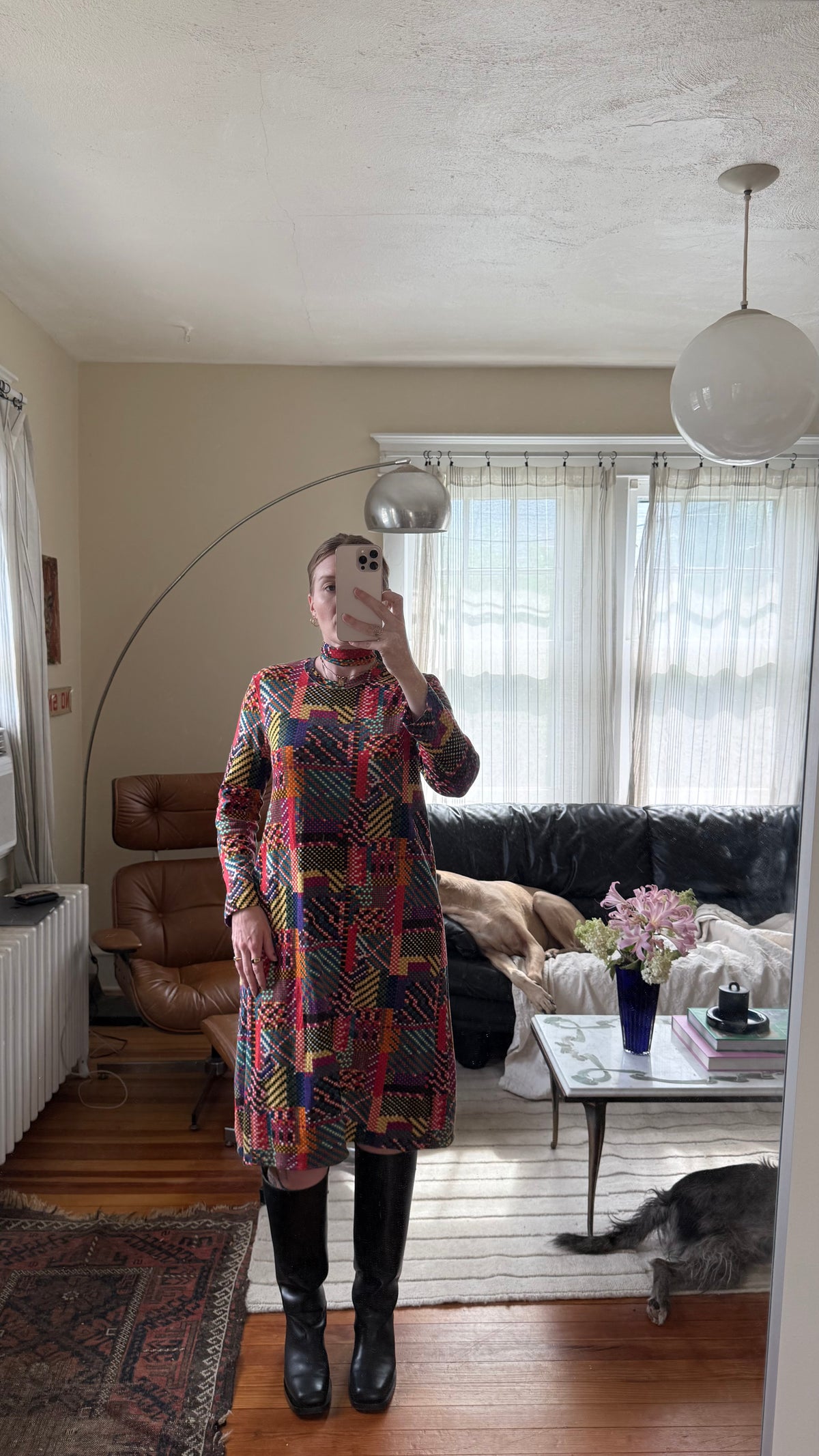 1960s 100% Soft Wool Checkered Print Midi Dress S-L