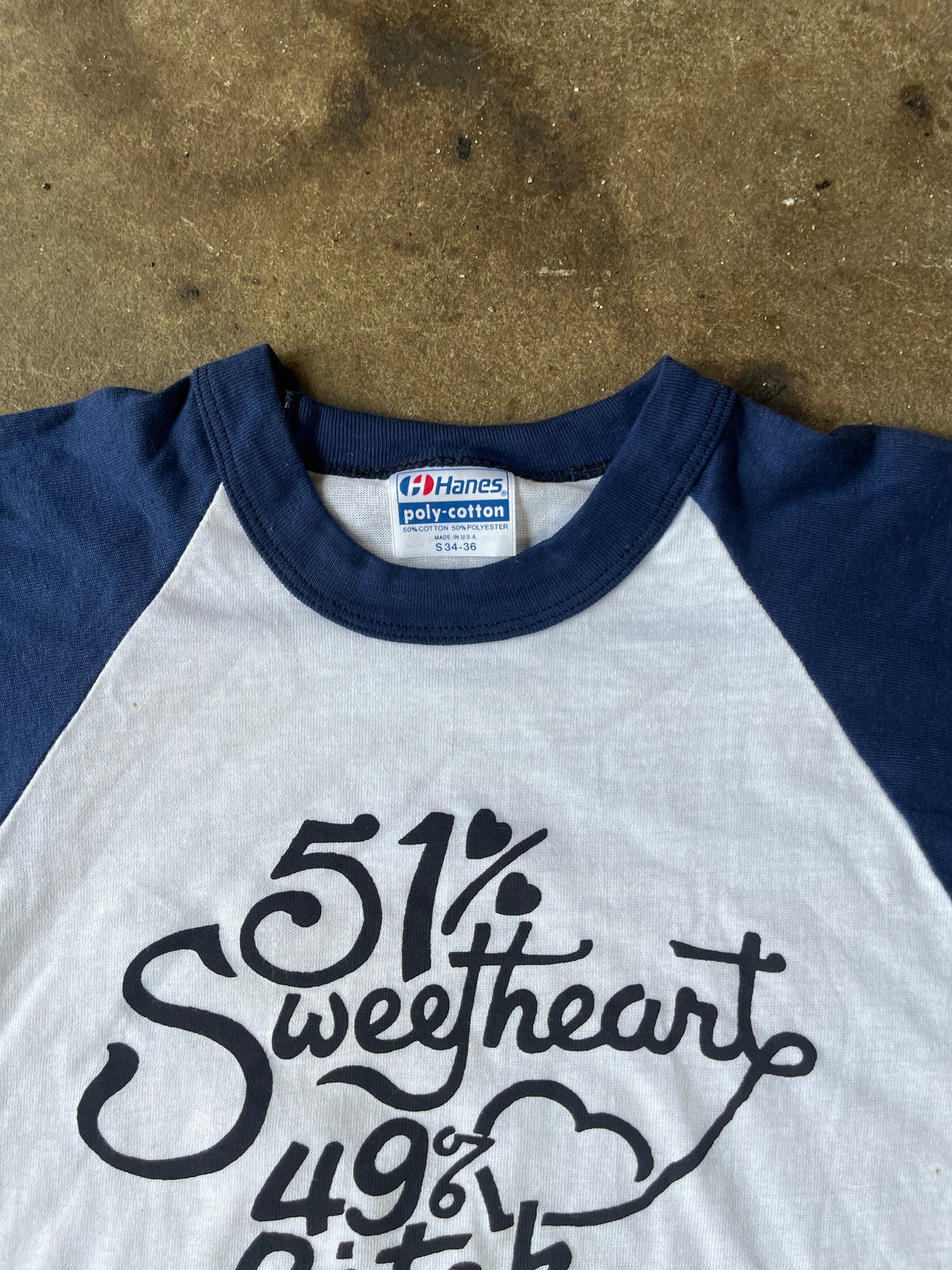 51% Sweetheart 49% Bitch Blue Raglan Tee S/M