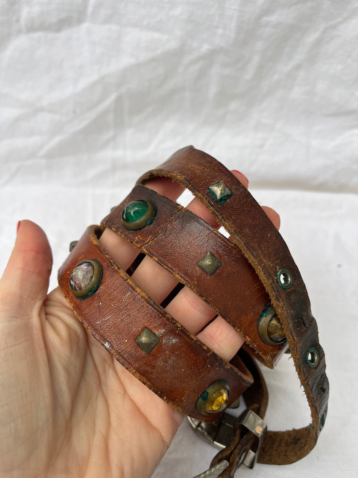 1950s Studded and Jeweled Thin Brown Leather Belt 37”-41” Plus Additional Belt