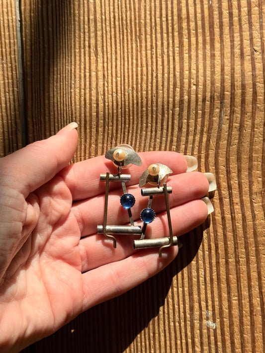 925 Silver Made by Hand Earrings with Pearl and Blue Stone