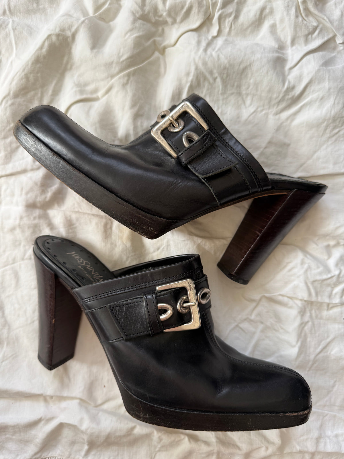 Vintage Yves Saint Laurent Black Leather Clogs with Buckle 36.5