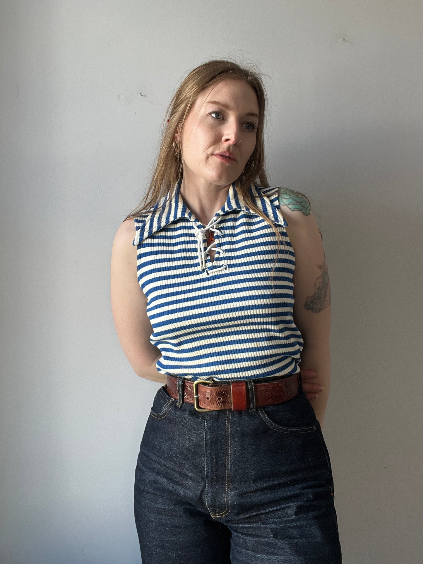 1950s Jantzen Lace Up Striped Blue Top M