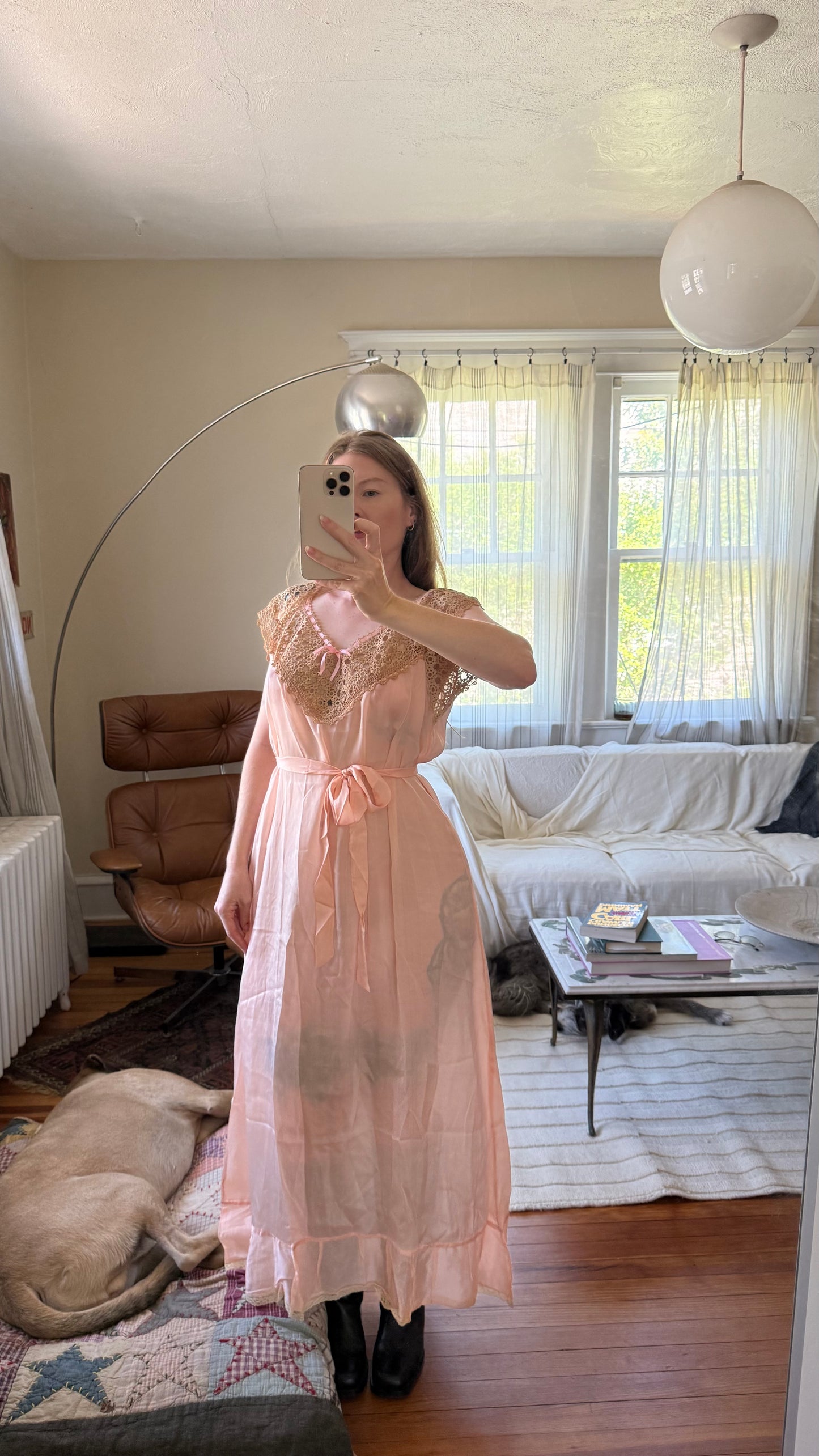 1920s or 1930s Victorian Era Pink Silk Maxi Dress with Belt Tie S to L