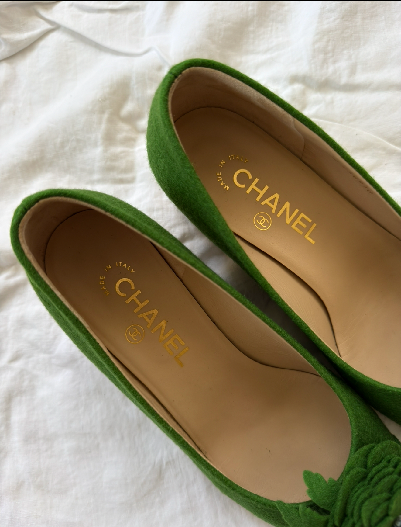 Kelly Green Chanel Camelia Felted Pumps 38C