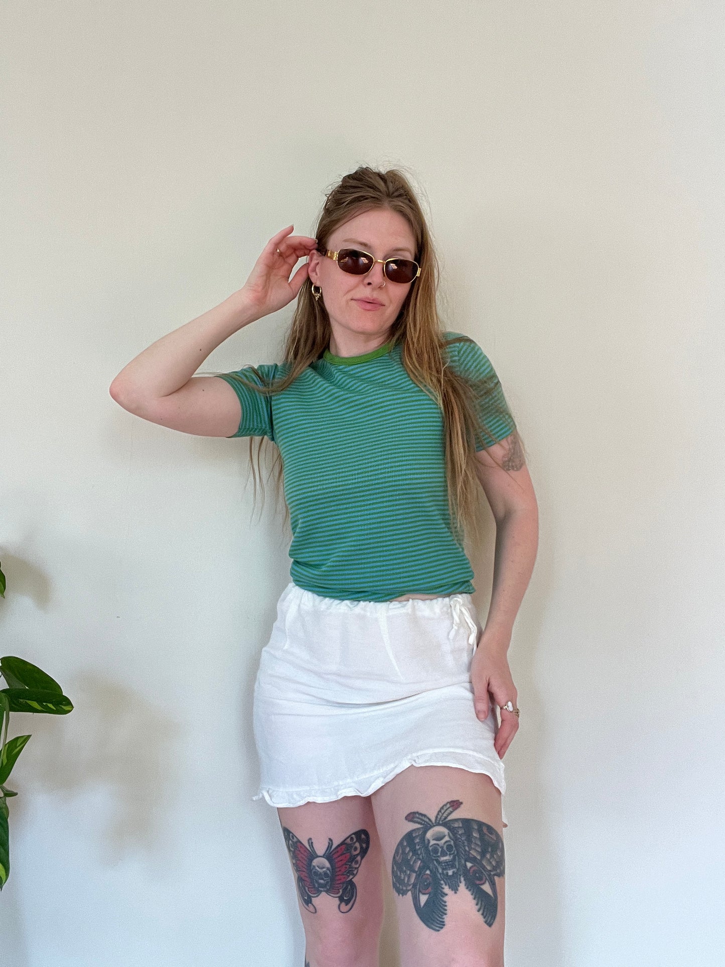 Vintage 1960s 1970s Green and Blue Striped Tee