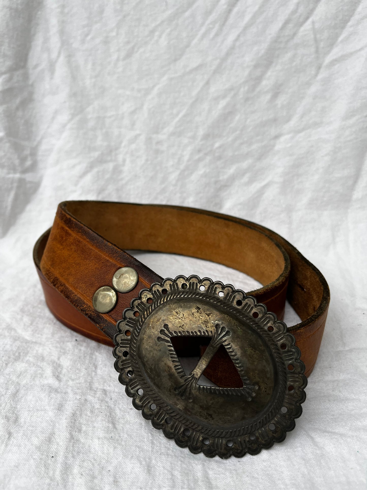 Brown Leather Belt with Double RRL Concho Buckle 29”-36”