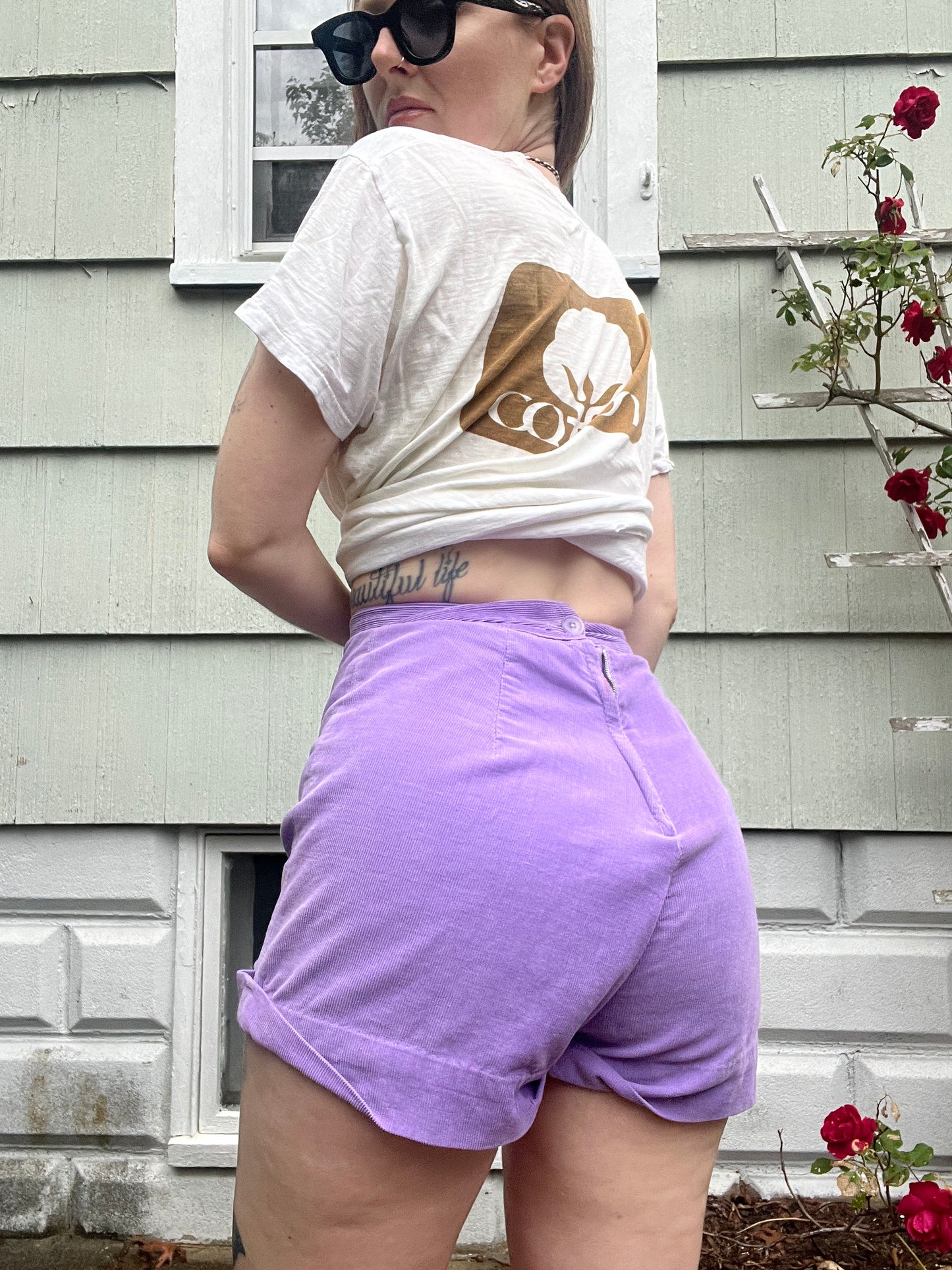 1940s Purple Corduroy Zip Up High Waisted Shorts 25"