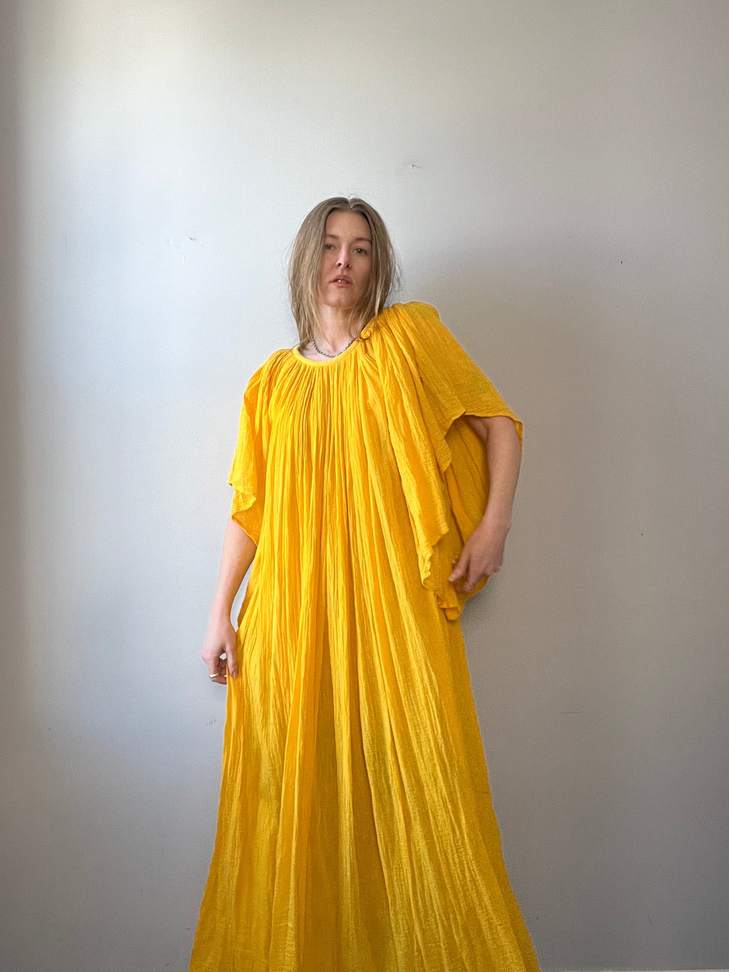 1970s Amerikan Climax Gauzy Cotton Yellow Flutter Sleeve Dress