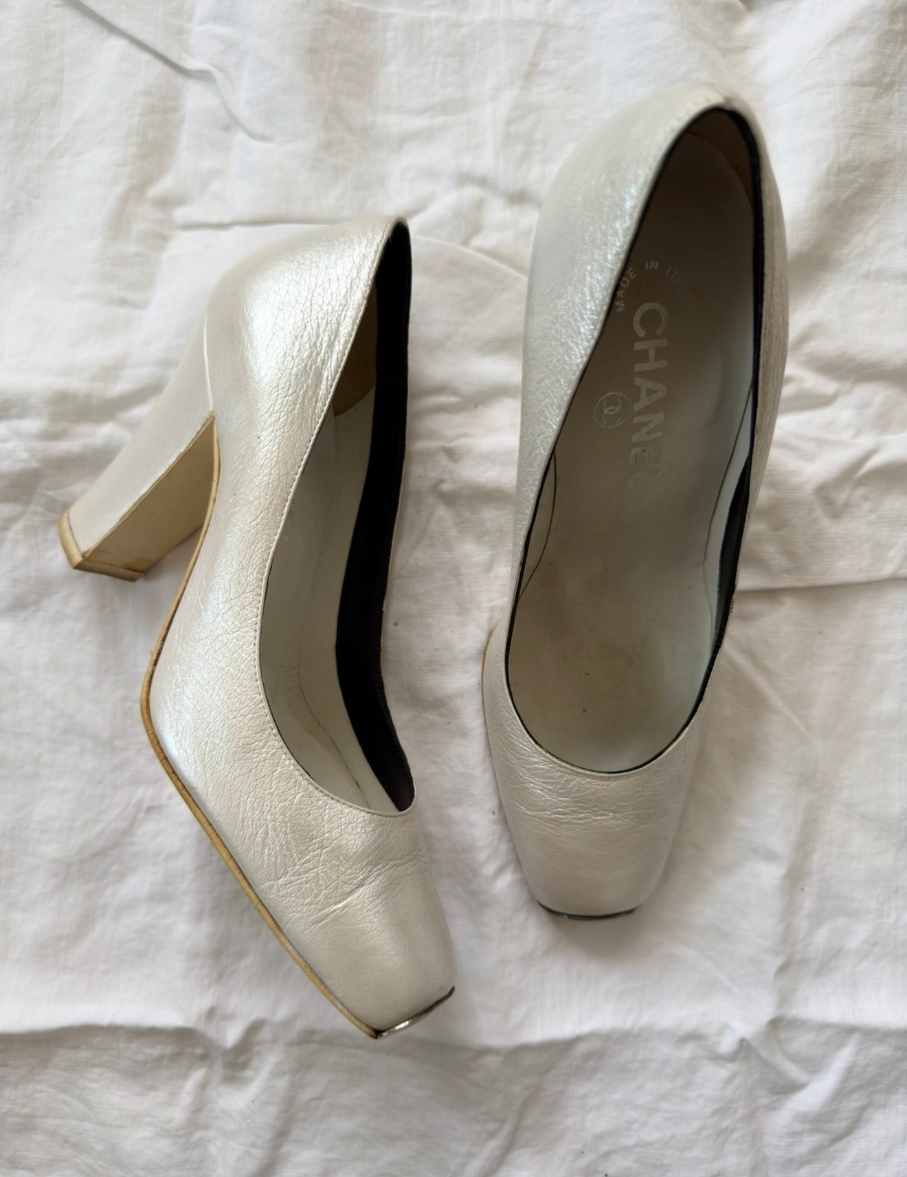 Vintage White Square Toe Chanel Heels 36.5