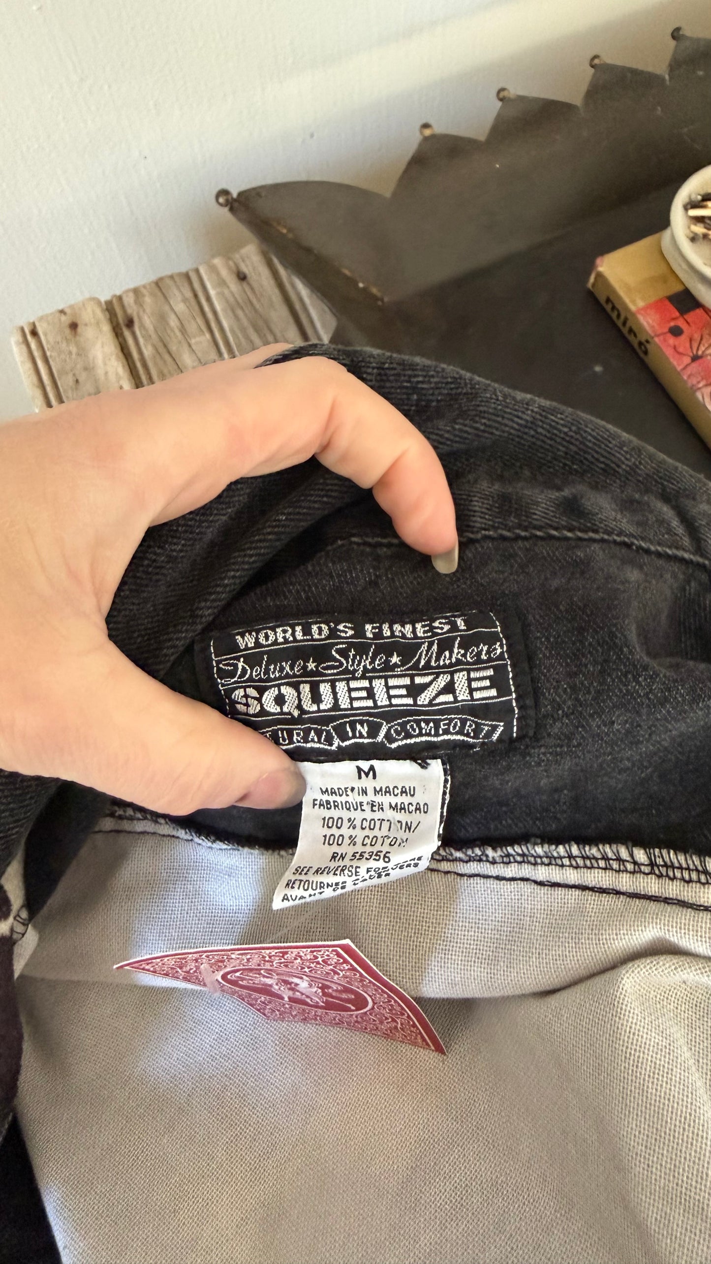 1980s Squeeze Black Denim Jacket with Cow Print