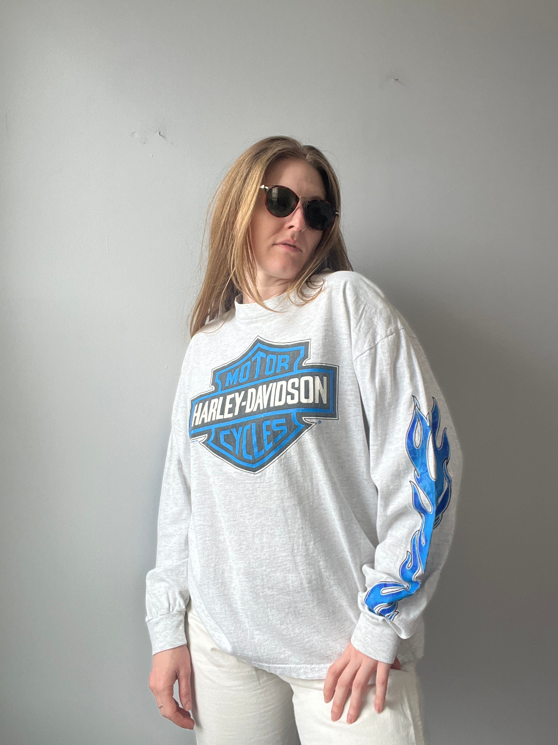 1990s Harley Davidson Blue Flame Long Sleeve L – Honey Cycle