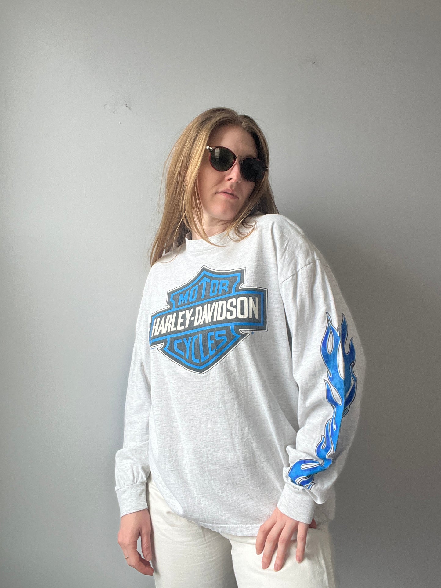 1990s Harley Davidson Blue Flame Long Sleeve L