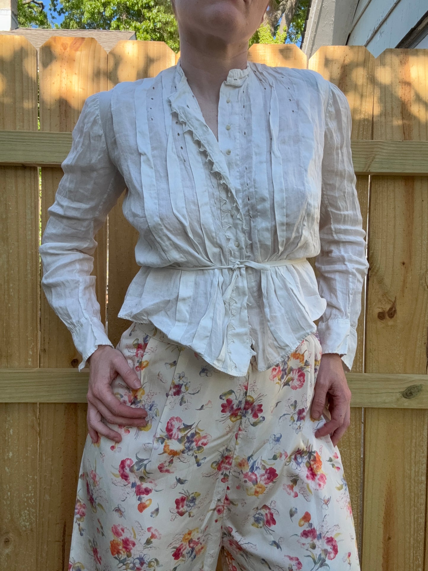 Antique Victorian Cotton White Blouse with Tie S