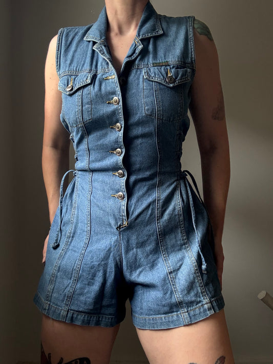 1990s Denim Romper with Corset Sides