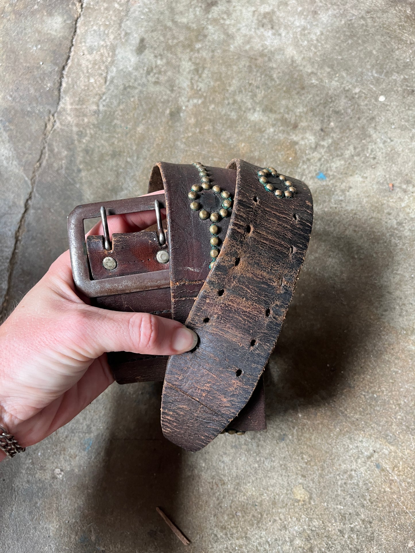 1930s 1940s Brown Leather Belt with Brass Round Studs