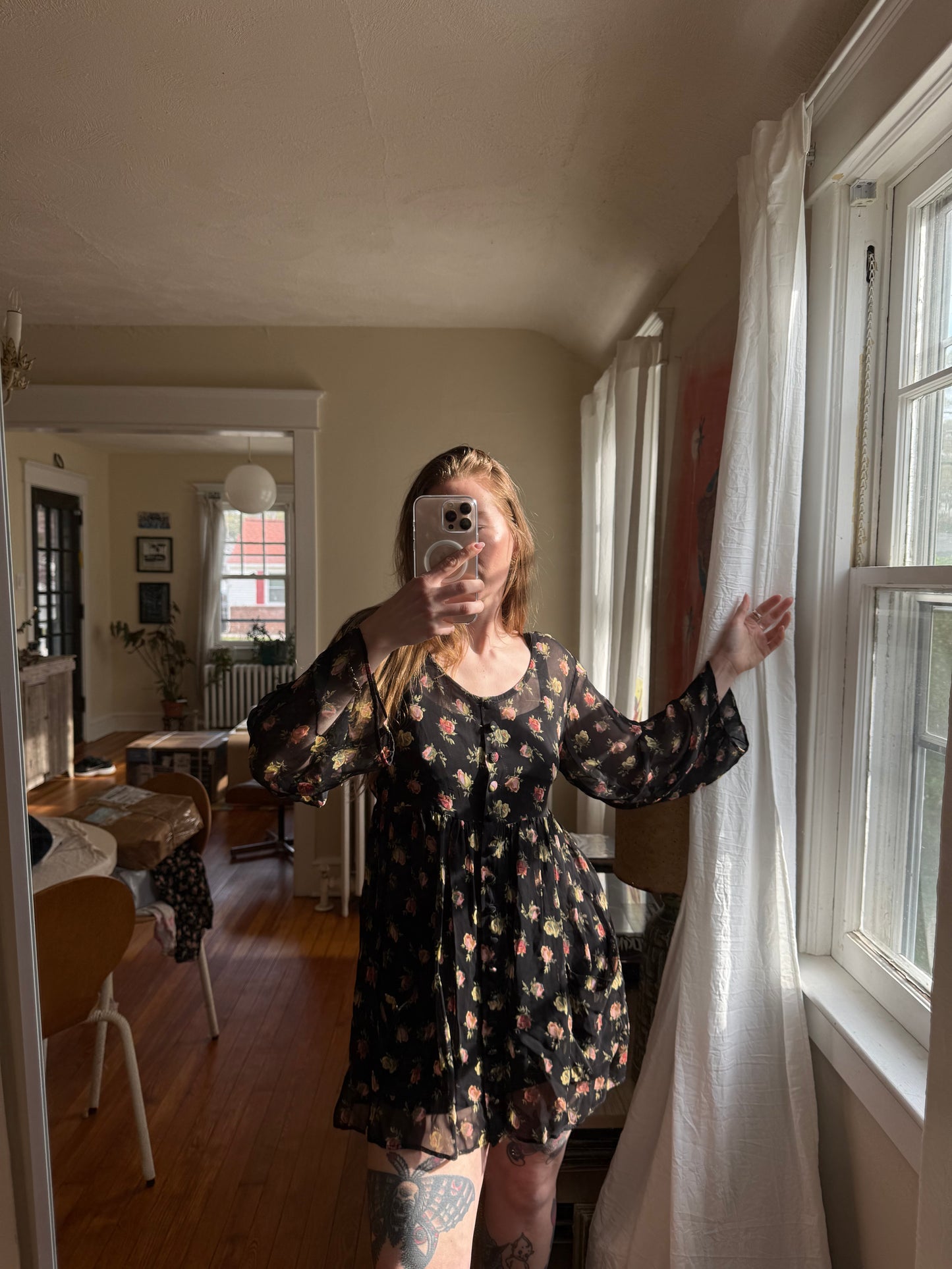 1990s Betsey Johnson Sheer Floral Dress & 1990s Floral Tank Dress