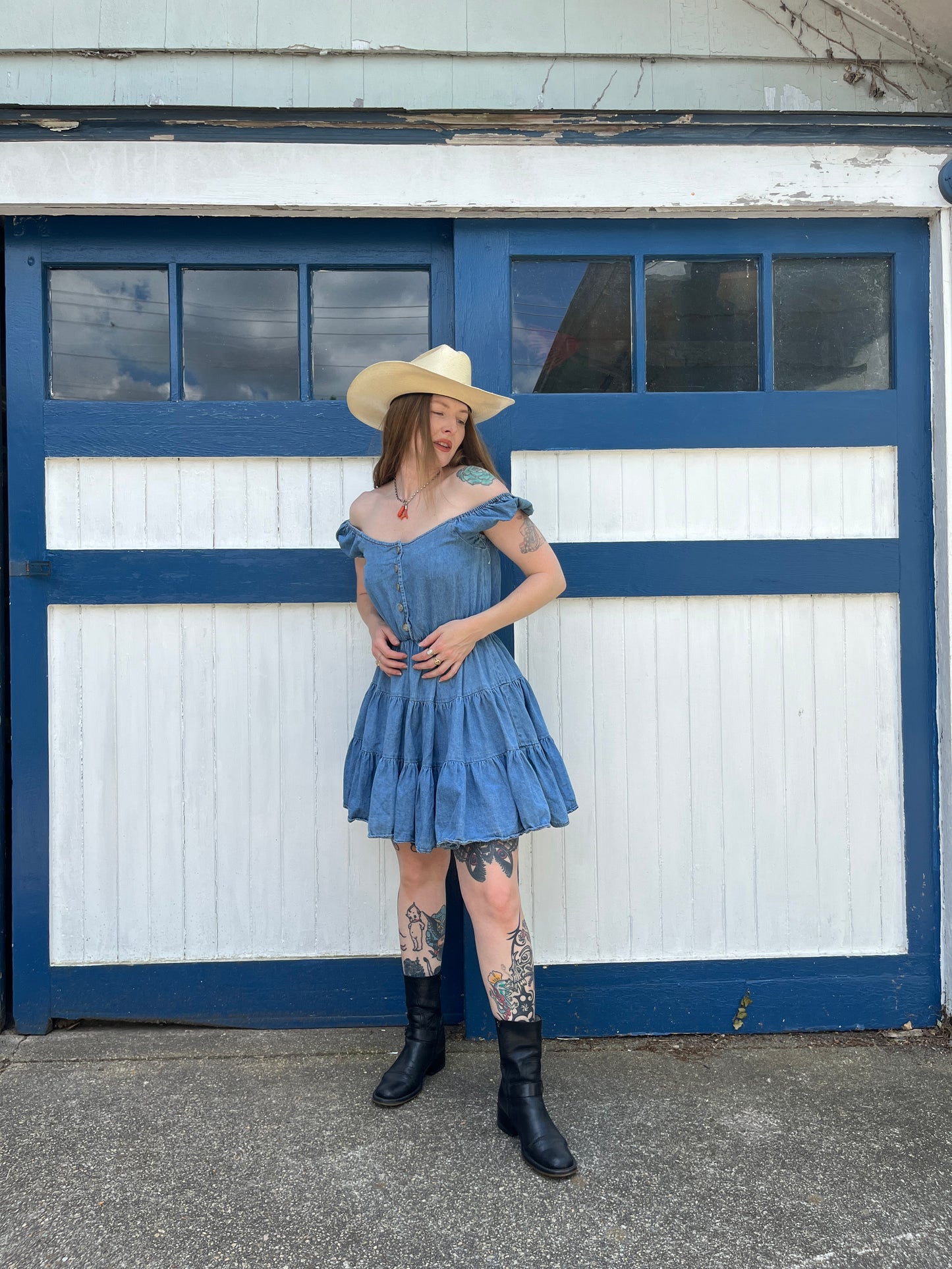 1980s Denim Off The Shoulder Ruffle Dress