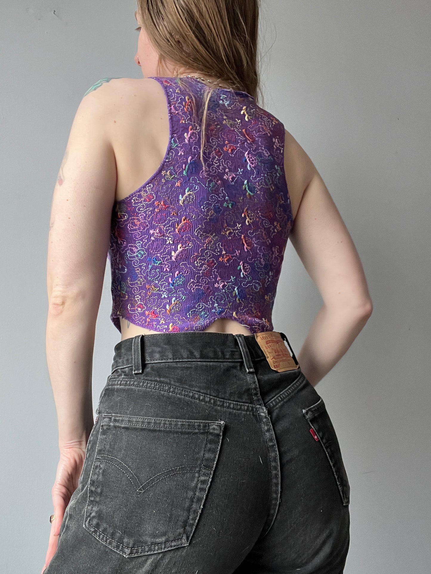 1970s Embroidered Purple Cropped Small Vest XS/S