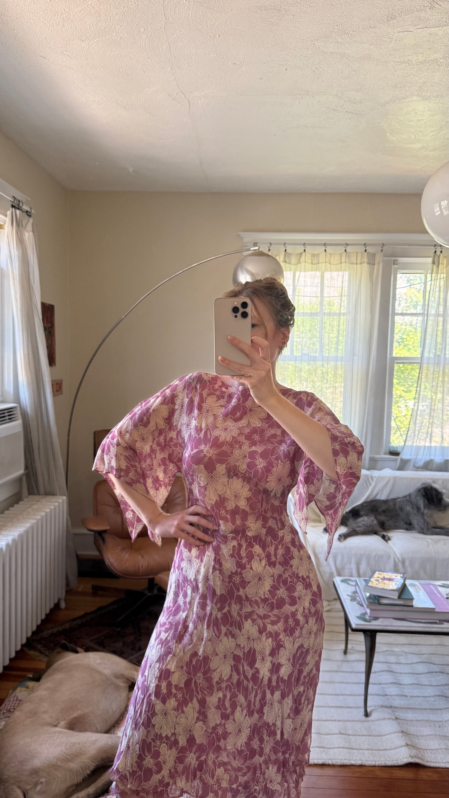 1930s 1940s Silk Chiffon Dress with Fairy Bell Sleeves M