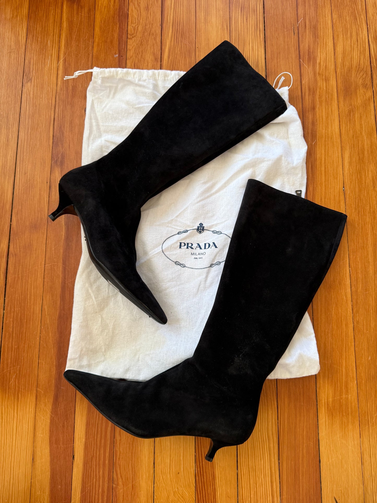 1990s/Y2K Black Suede Prada Knee Boots 37 7/7.5