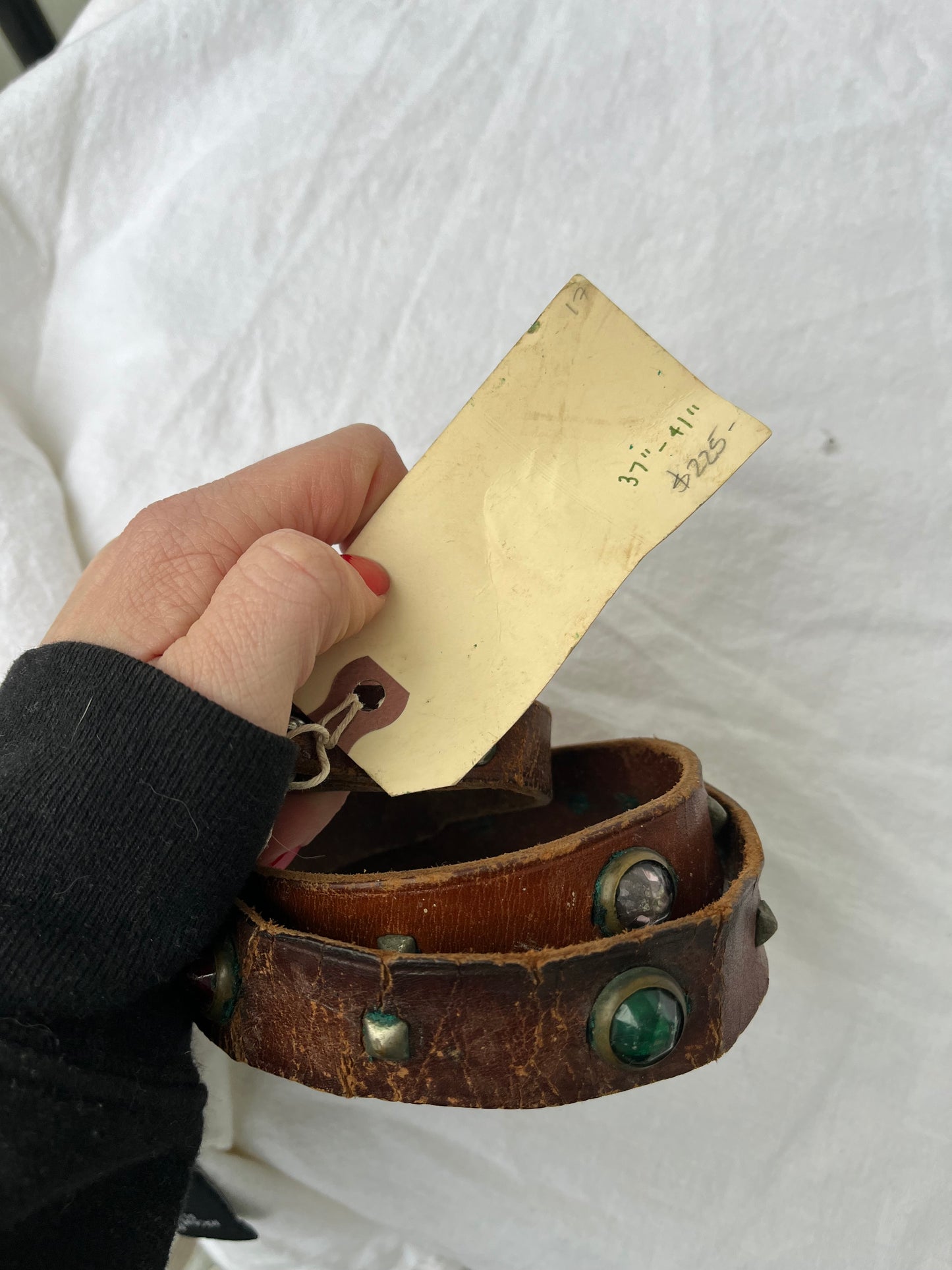1950s Studded and Jeweled Thin Brown Leather Belt 37”-41” Plus Additional Belt