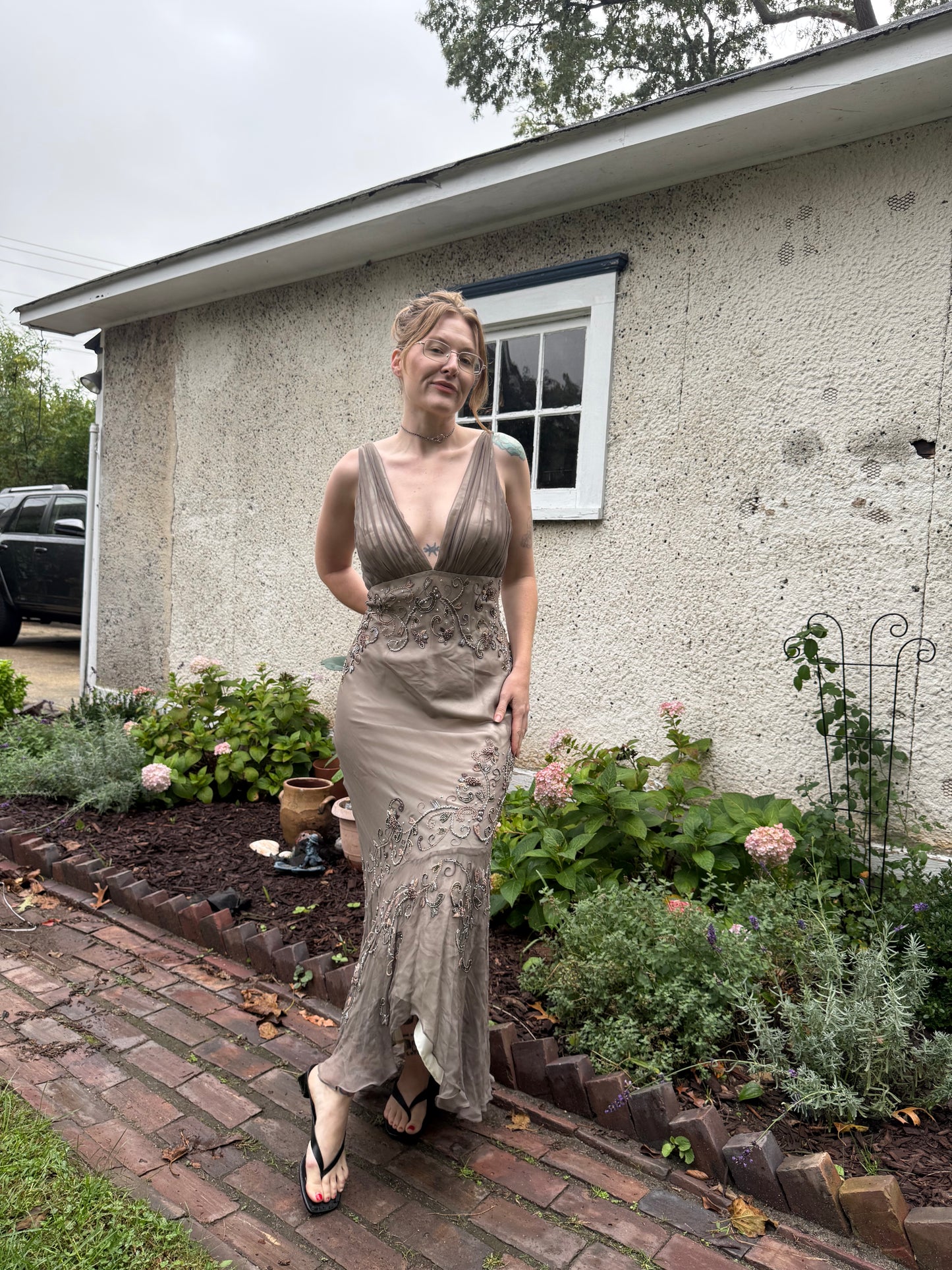 1990s 100% Silk & Beaded Scala Dress L