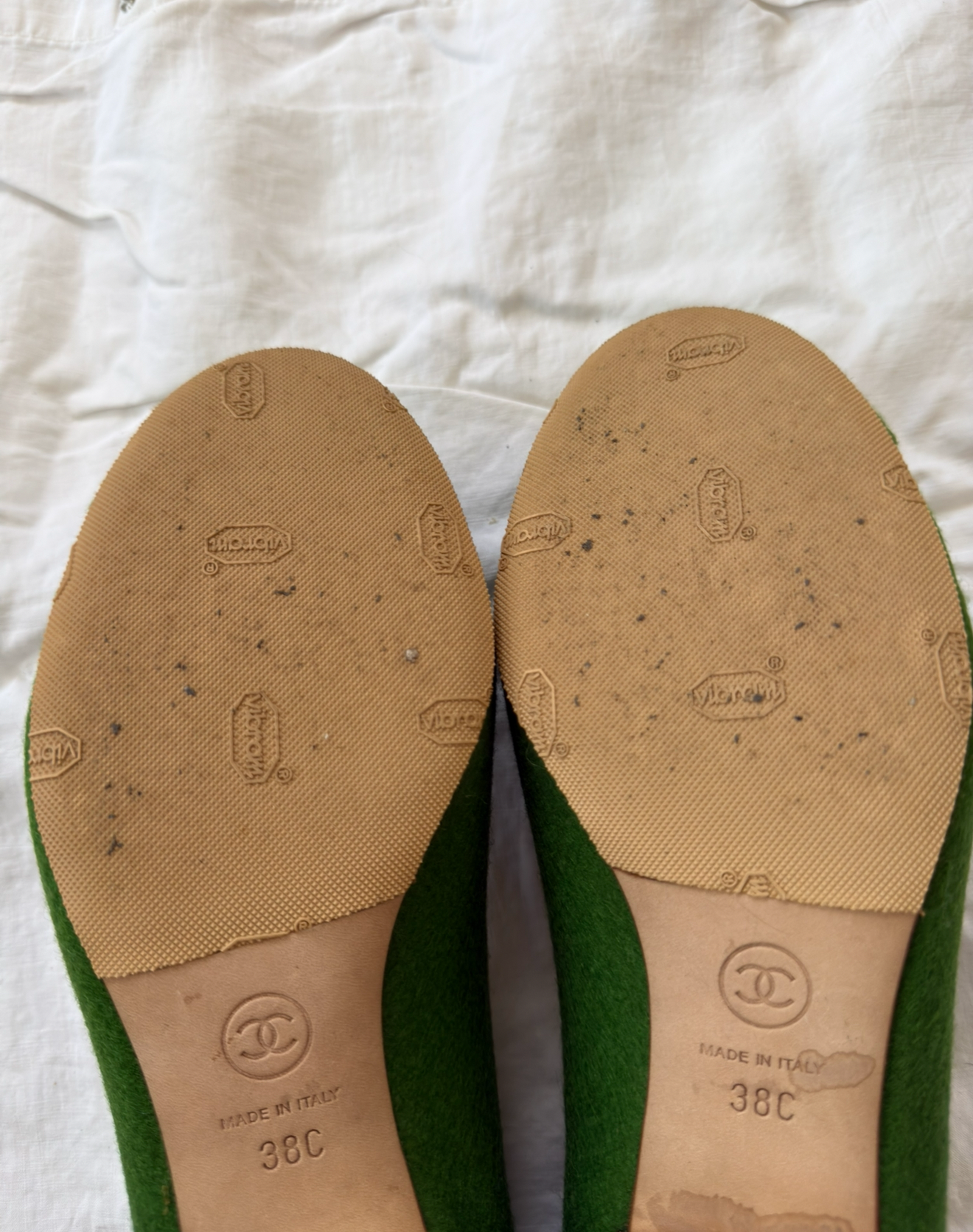 Kelly Green Chanel Camelia Felted Pumps 38C