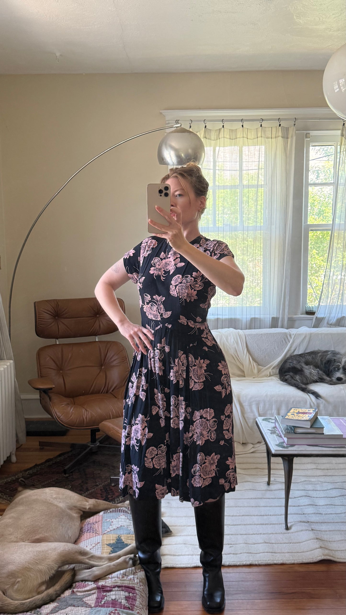 1940s or 1950s Cold Rayon Tea Cup Print Dress S/M