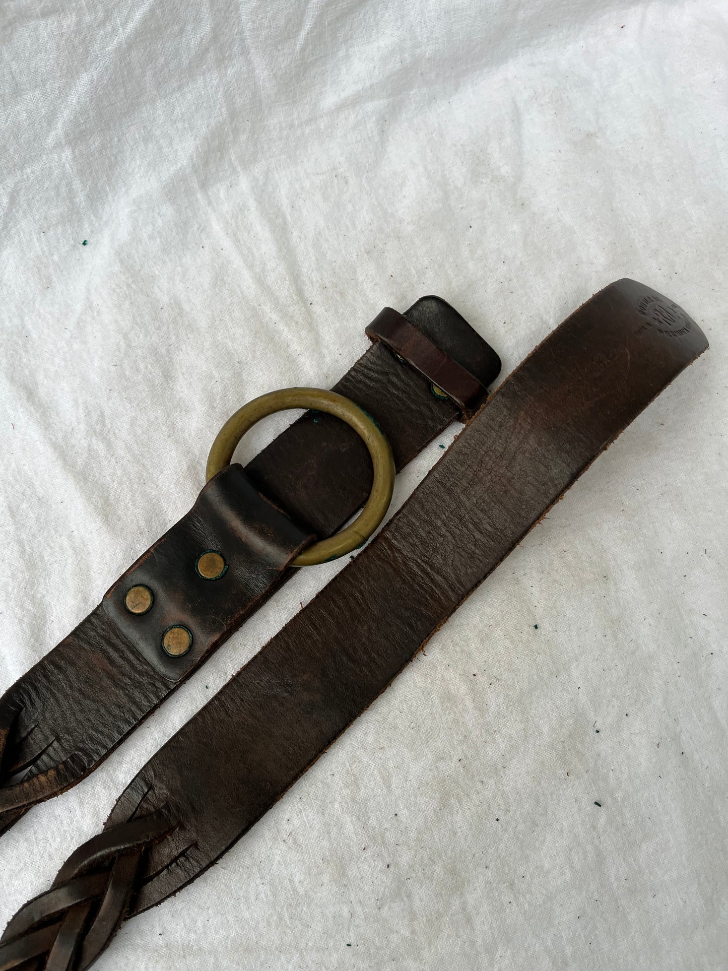 Double RL Ralph Lauren Brown Leather Braided Ring Belt 30”-40”