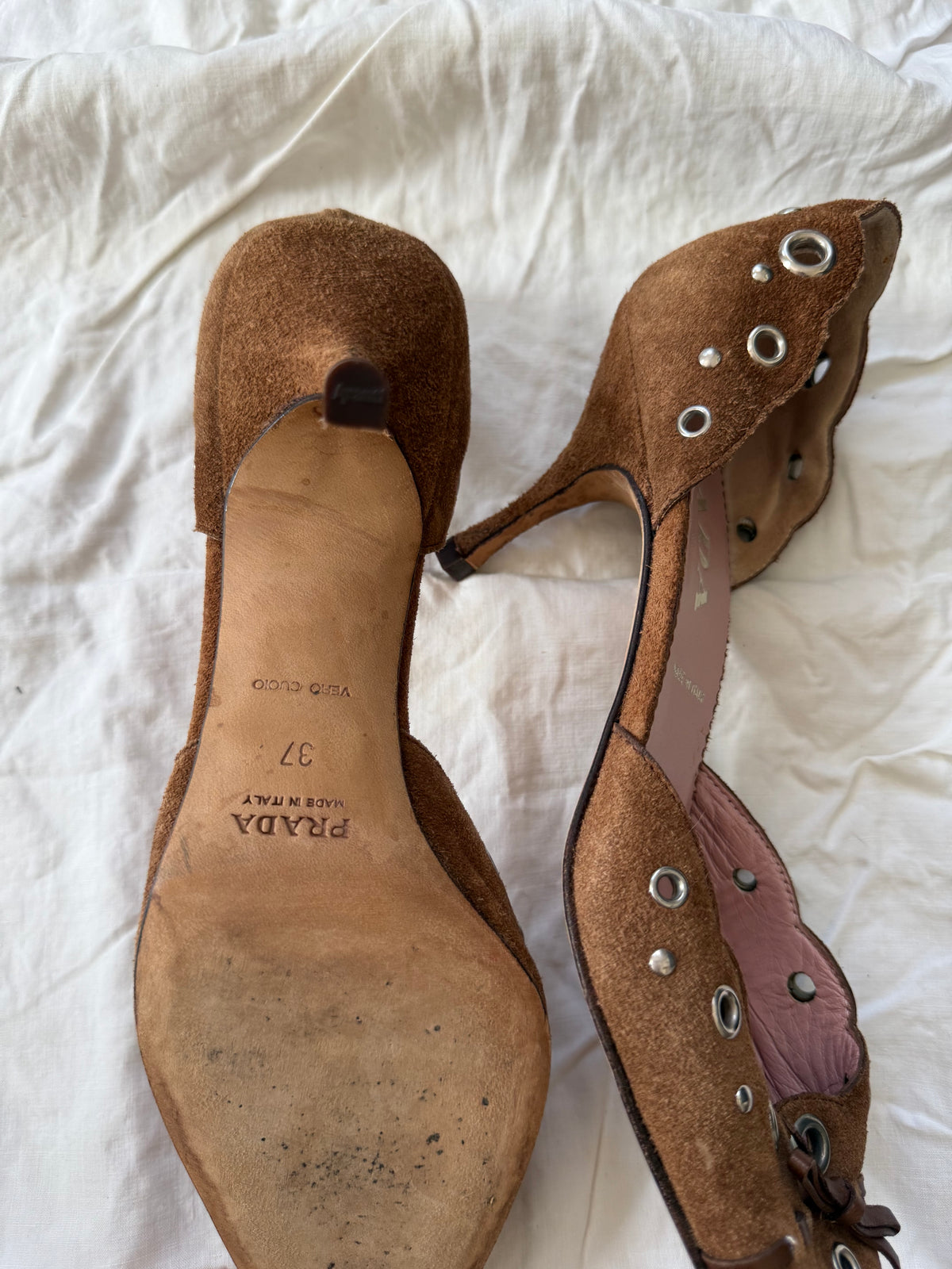 Vintage Prada Brown Suede Grommet Heels 37