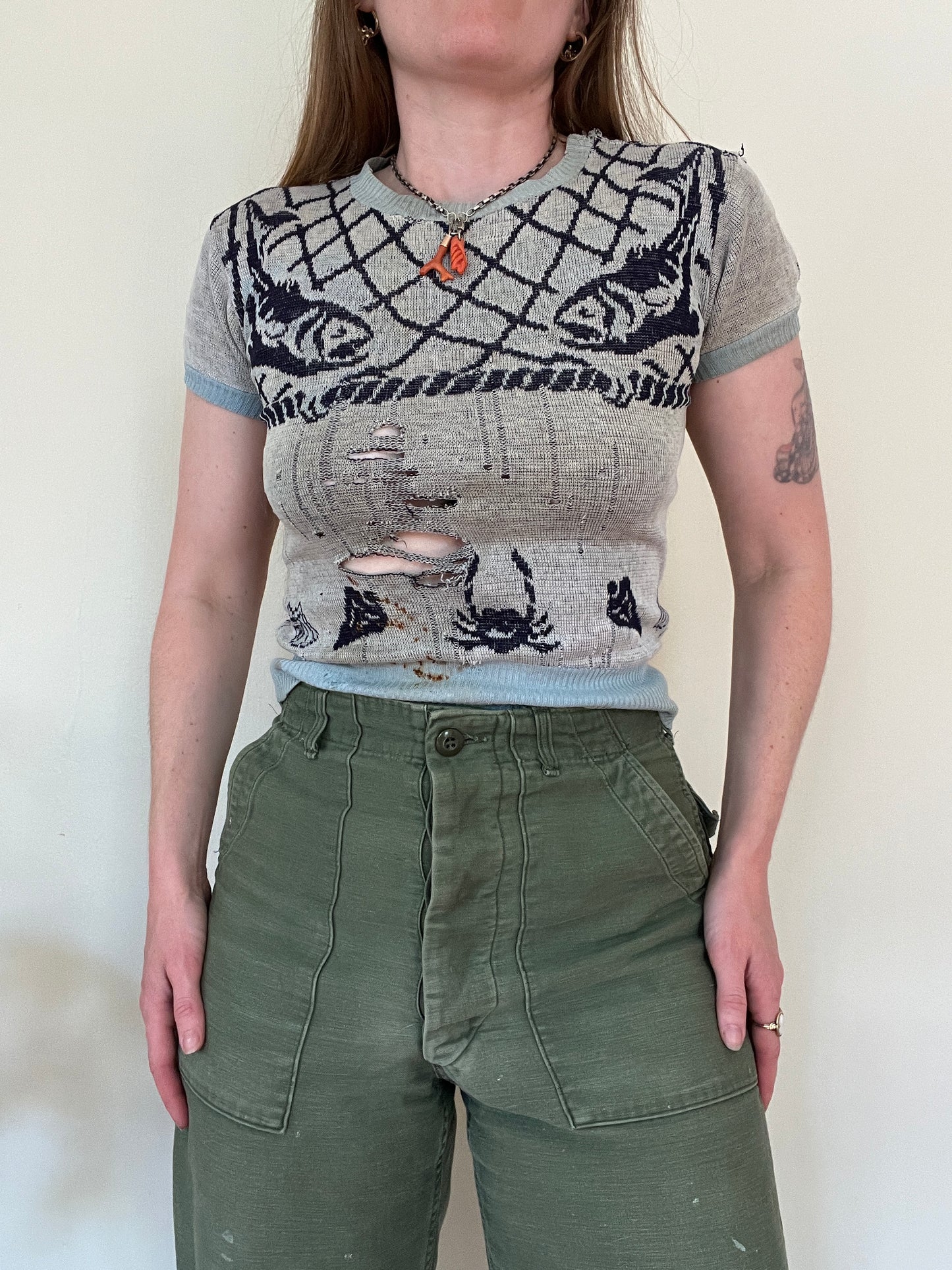Vintage 1940s Novelty Fish Ocean Short Sleeve Knit Sweater S
