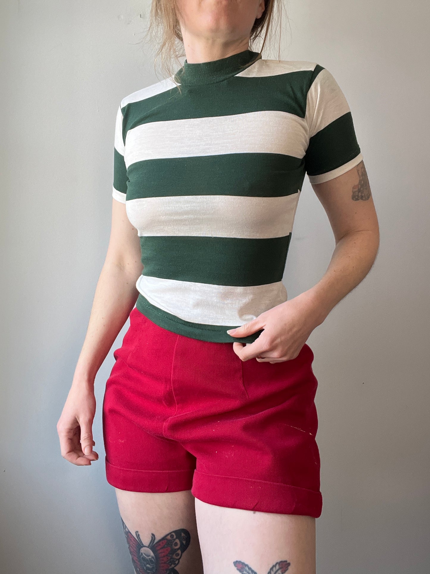 1960s 1970s Green Striped Tee S