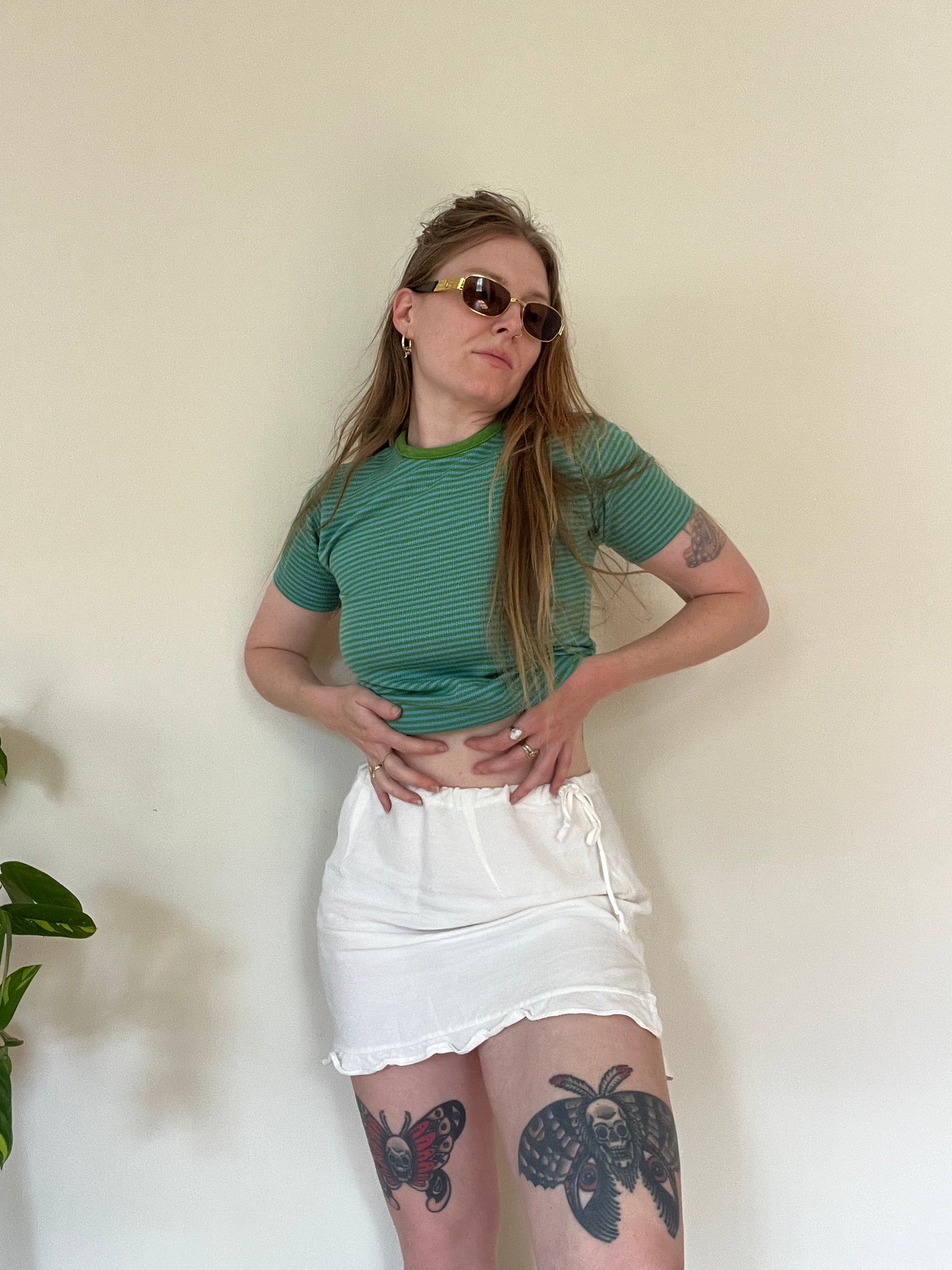 Vintage 1960s 1970s Green and Blue Striped Tee