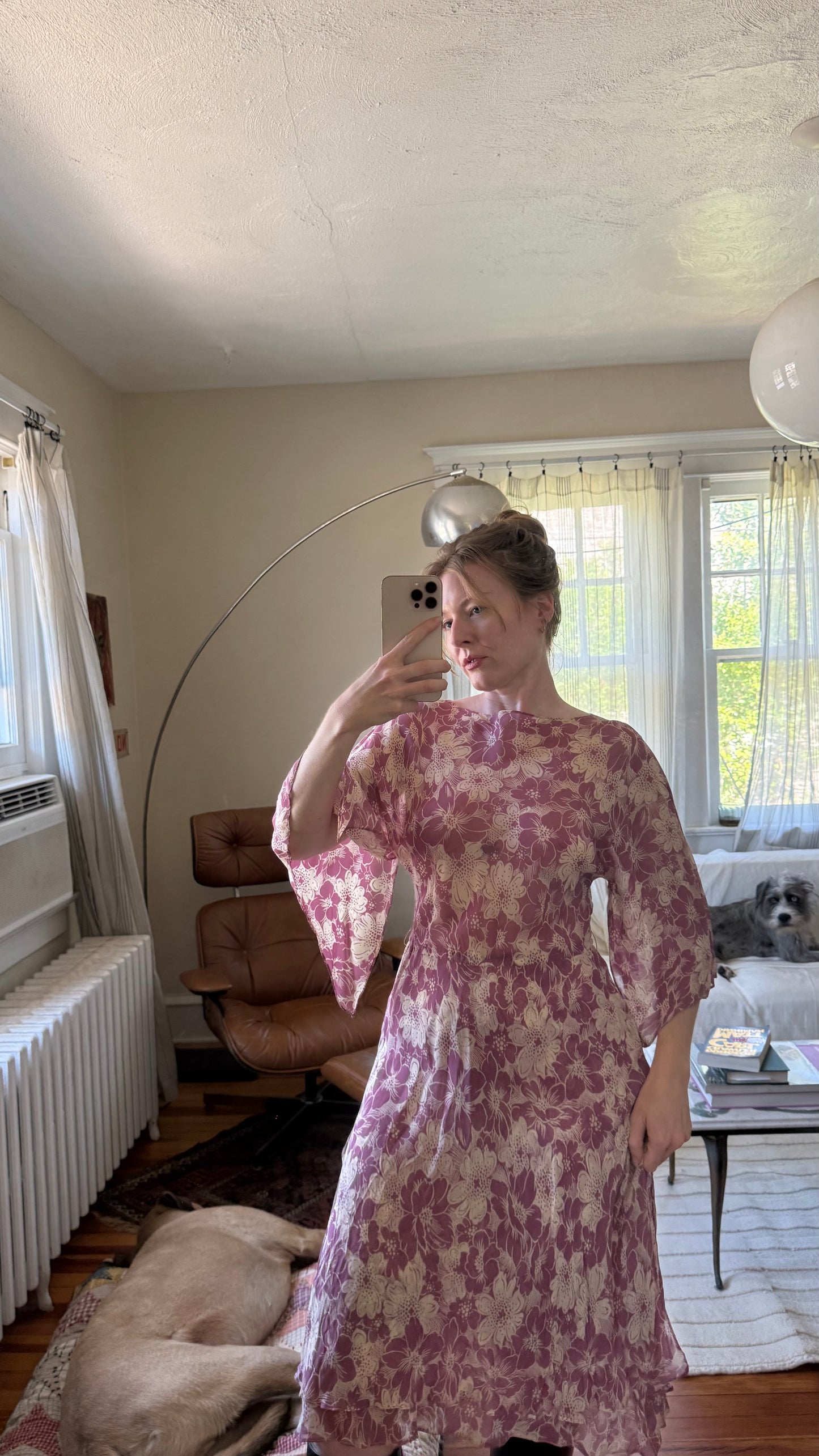1930s 1940s Silk Chiffon Dress with Fairy Bell Sleeves M