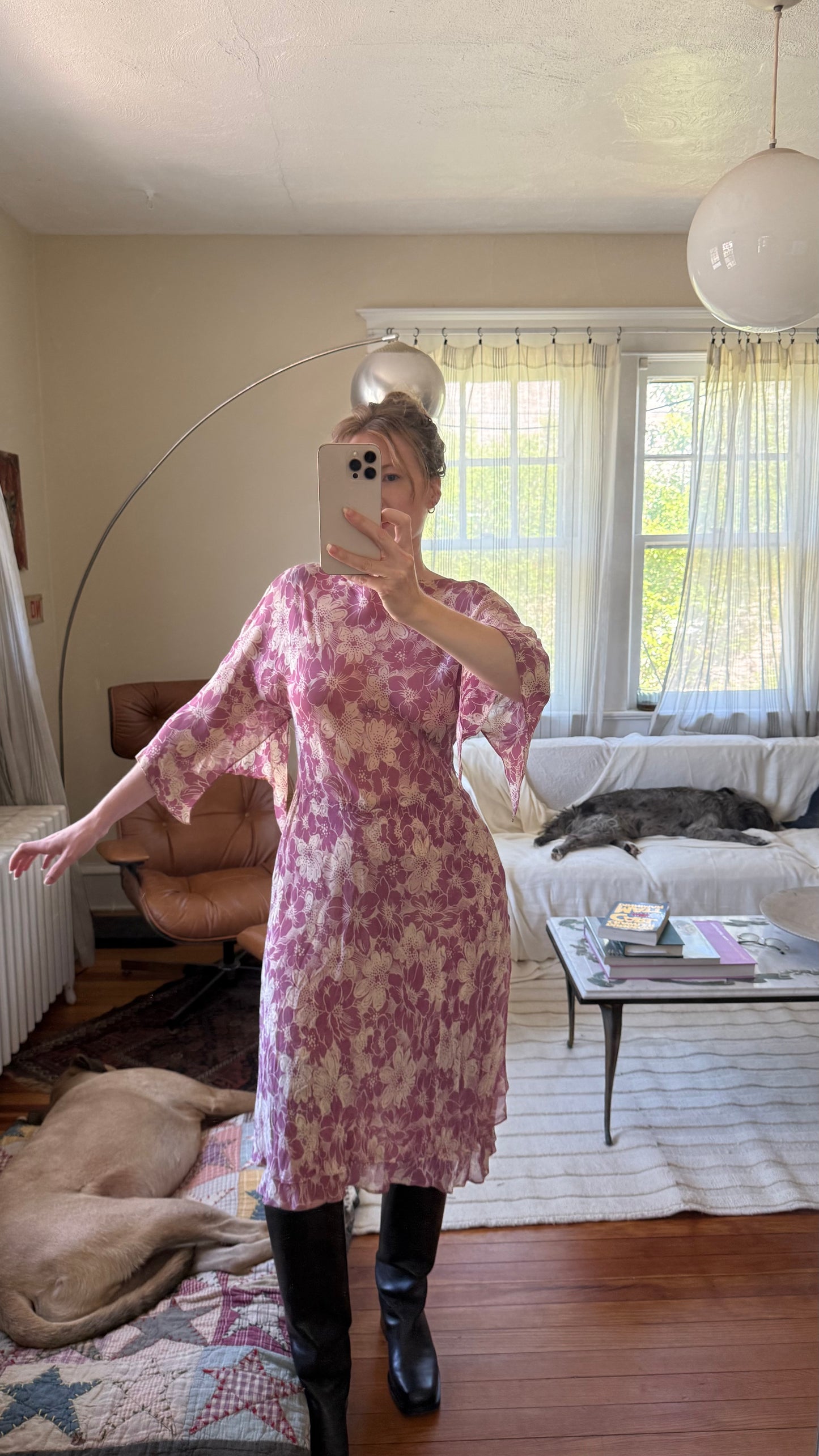 1930s 1940s Silk Chiffon Dress with Fairy Bell Sleeves M