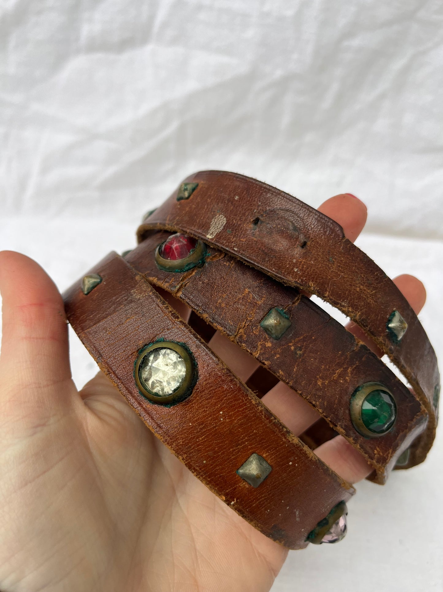 1950s Studded and Jeweled Thin Brown Leather Belt 37”-41” Plus Additional Belt