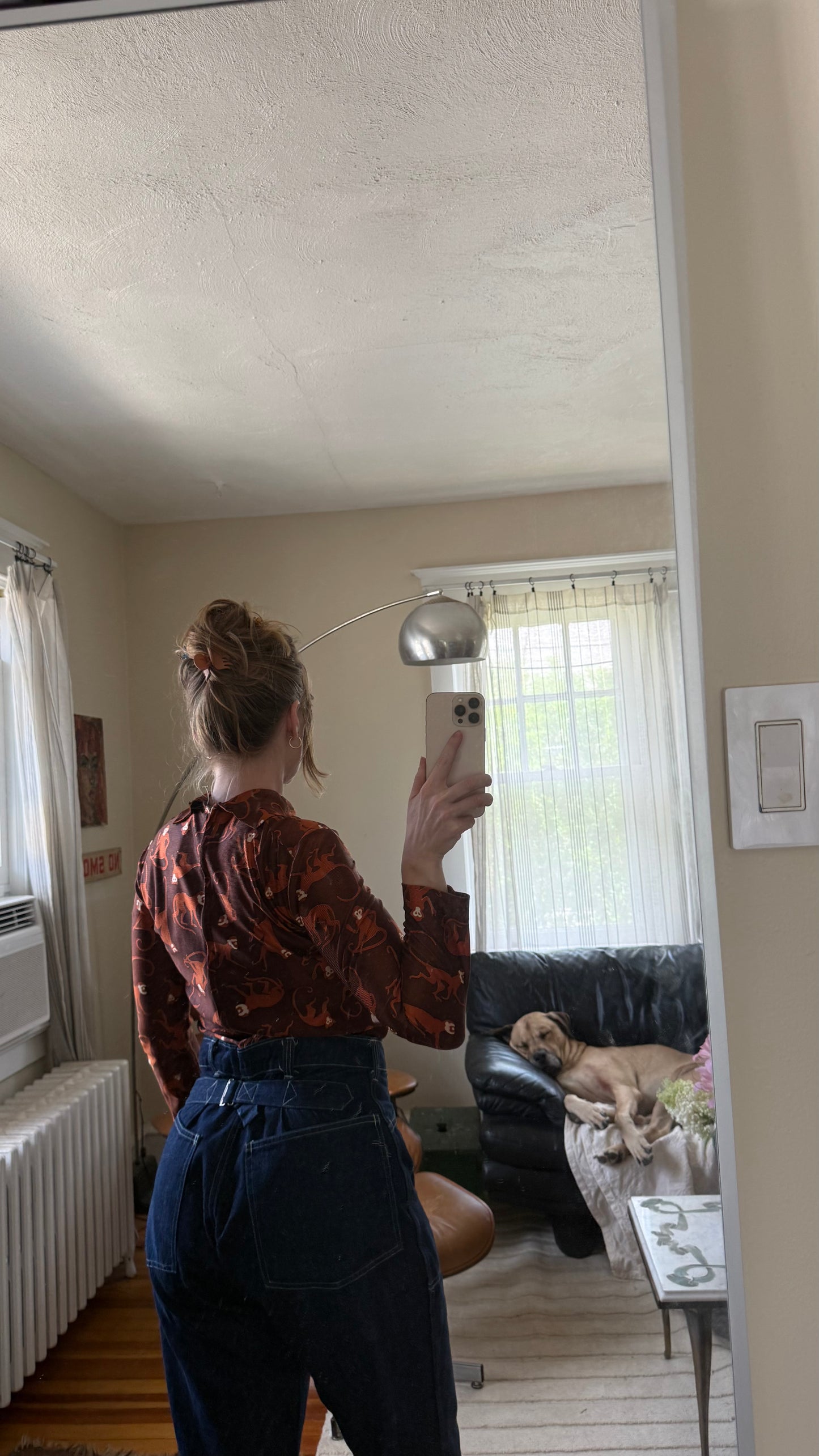1970s All Over Monkey Print Long Sleeve Blouse M