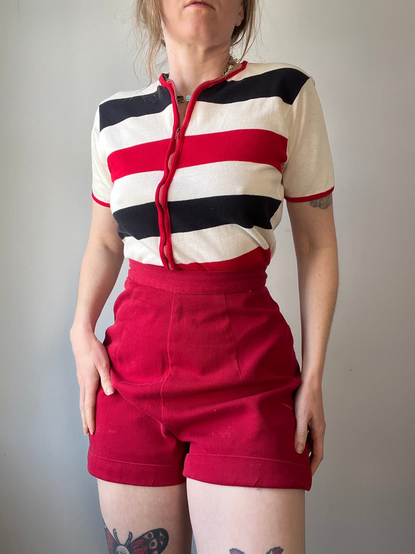 1940s Zip Up Cotton Striped Sweater S