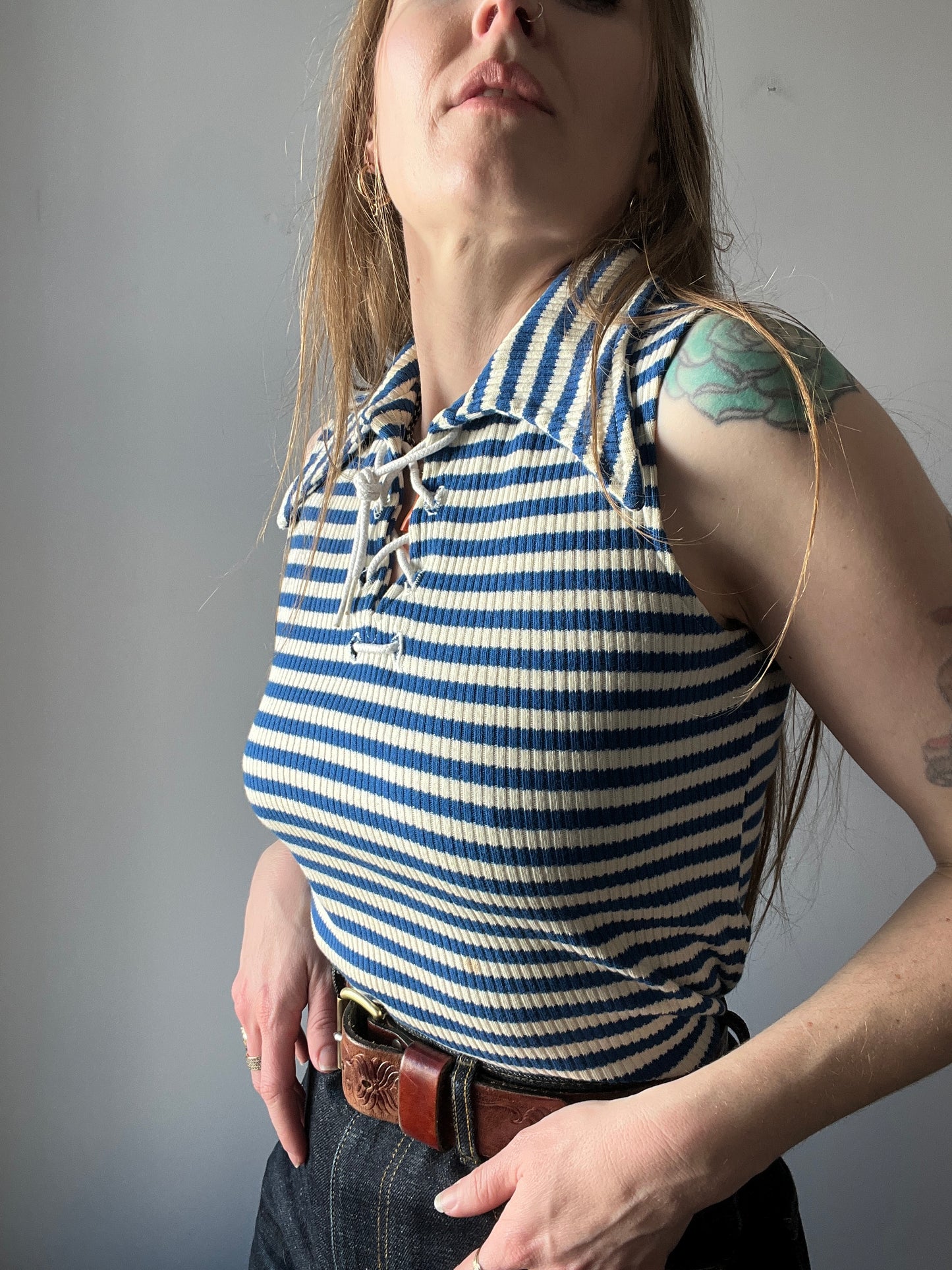 1950s Jantzen Lace Up Striped Blue Top M