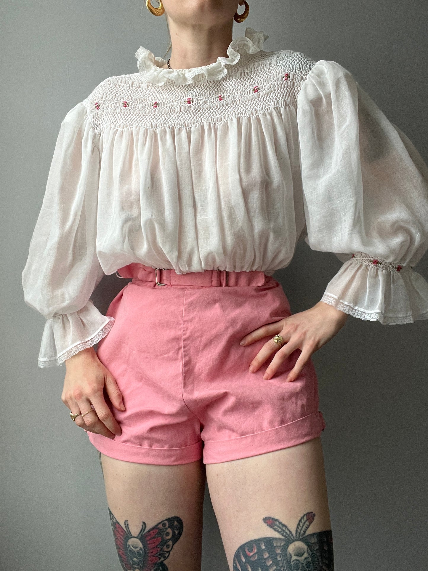 1970s Sheer Floral Ruffle Top