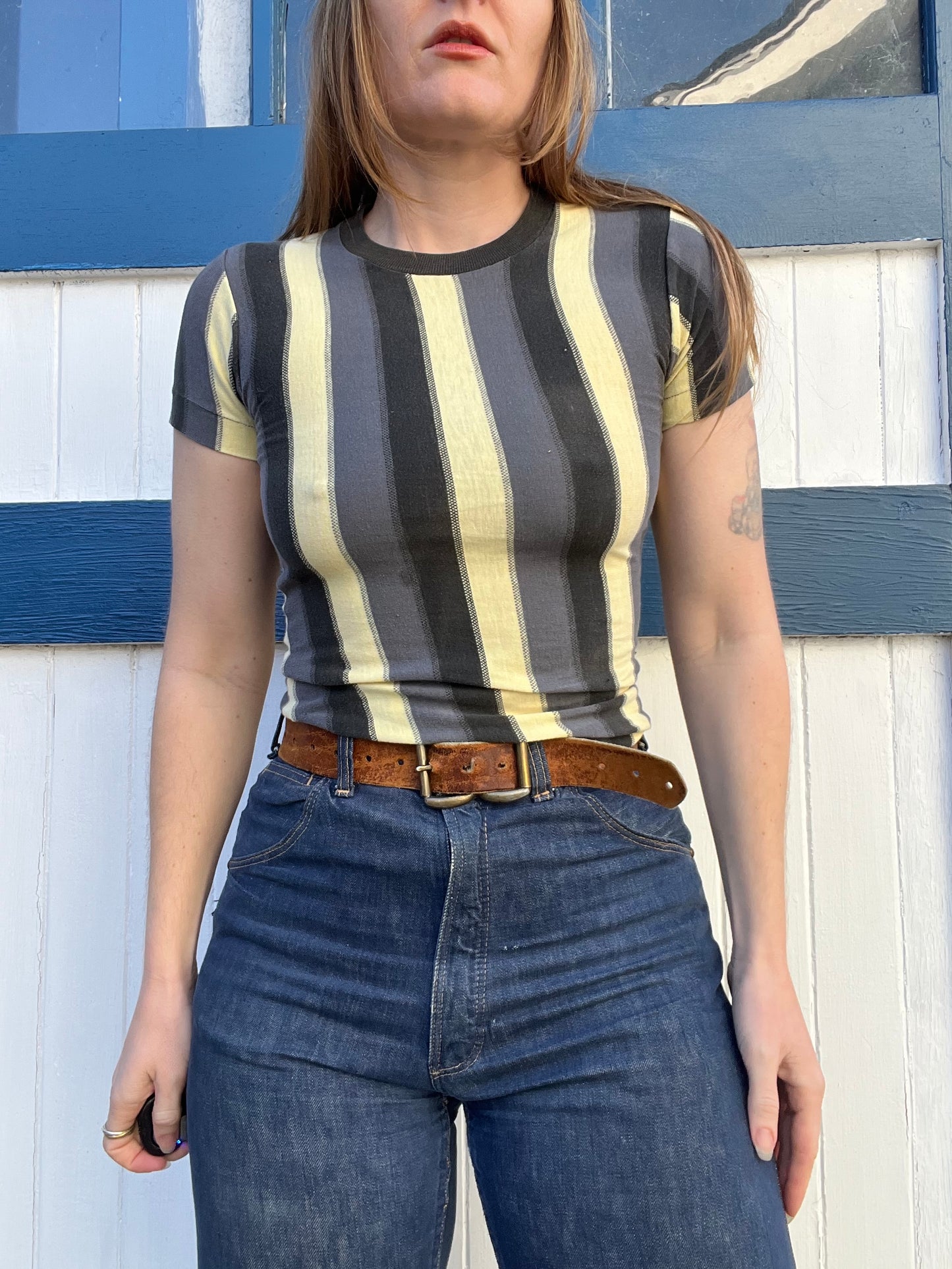 1950s/1960s Grey and Pale Yellow Striped Tee XS