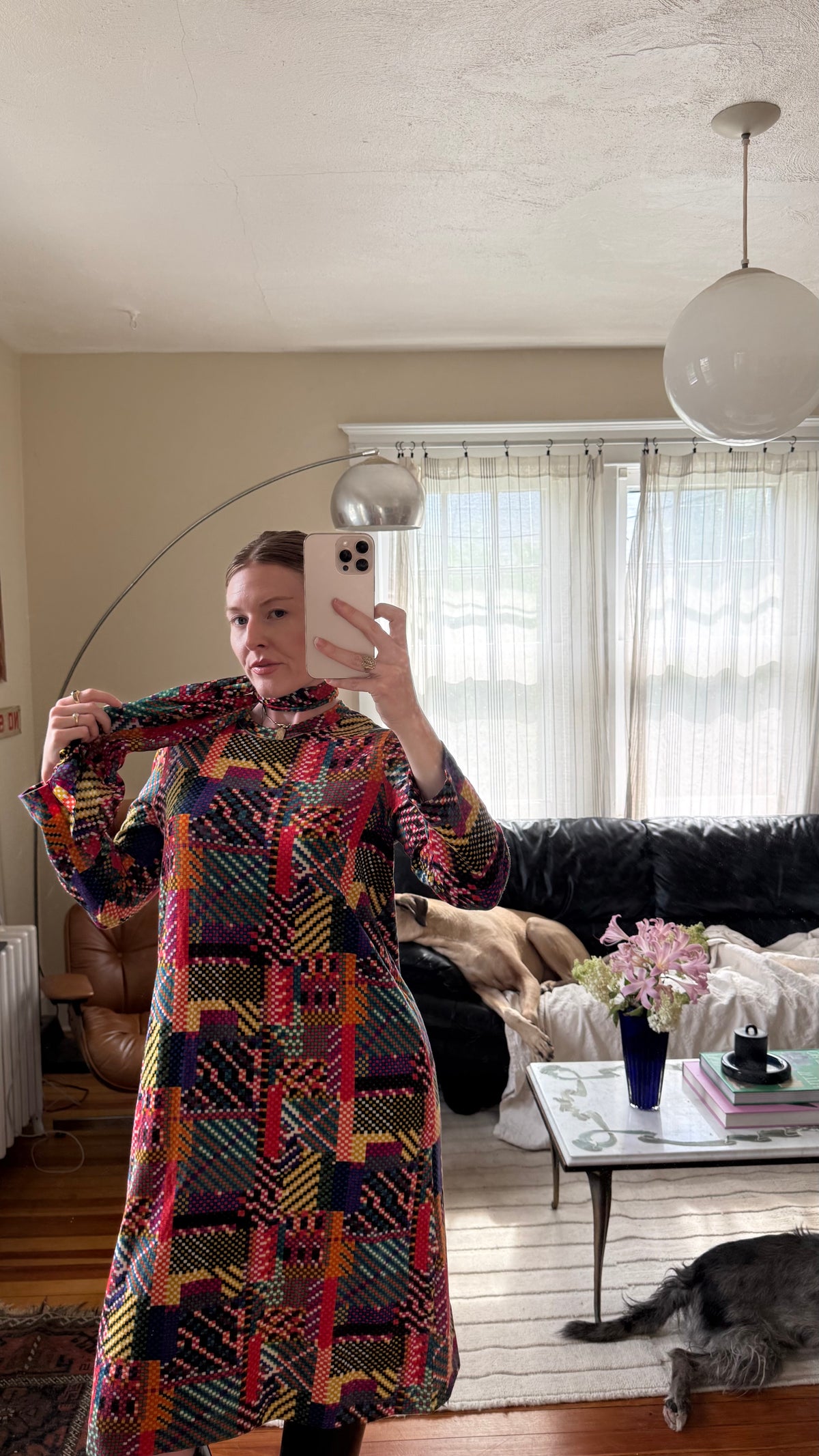 1960s 100% Soft Wool Checkered Print Midi Dress S-L